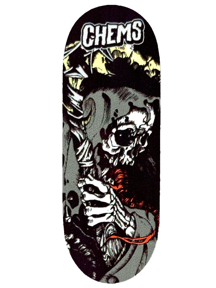 Chems Fingerboard Deck - Black and Gray Grim - Professional Skateboard Miniature for Tricks & Practice - Perfect for Skaters, Collectors, and Office Desk Fun