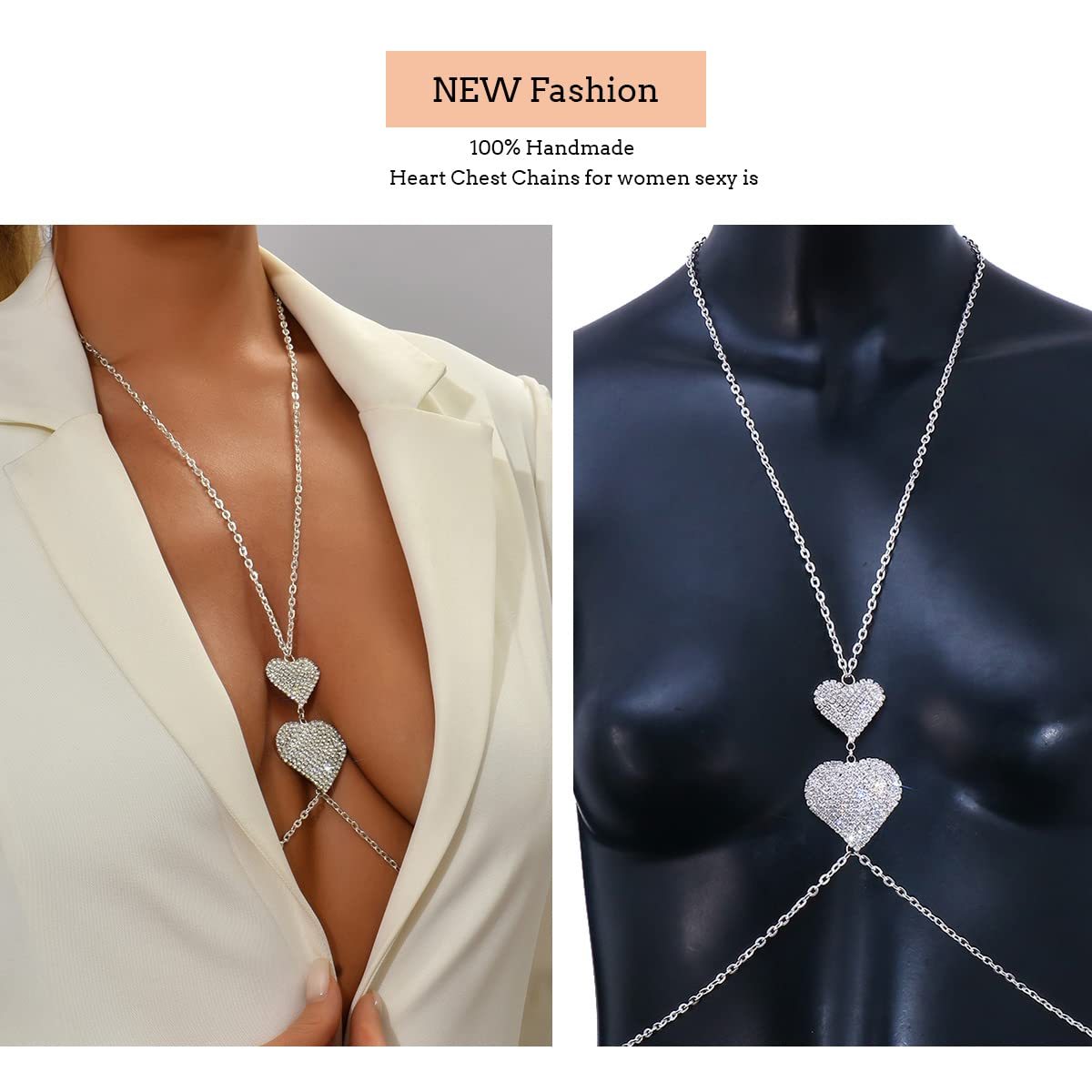 Sexy Rhinestone Heart Body Chain - Women's Bikini Chest & Belly Jewelry for Beach, Pool Party & Festival Accessories | Perfect for Summer Vacations, Music Festivals & Bachelorette Parties
