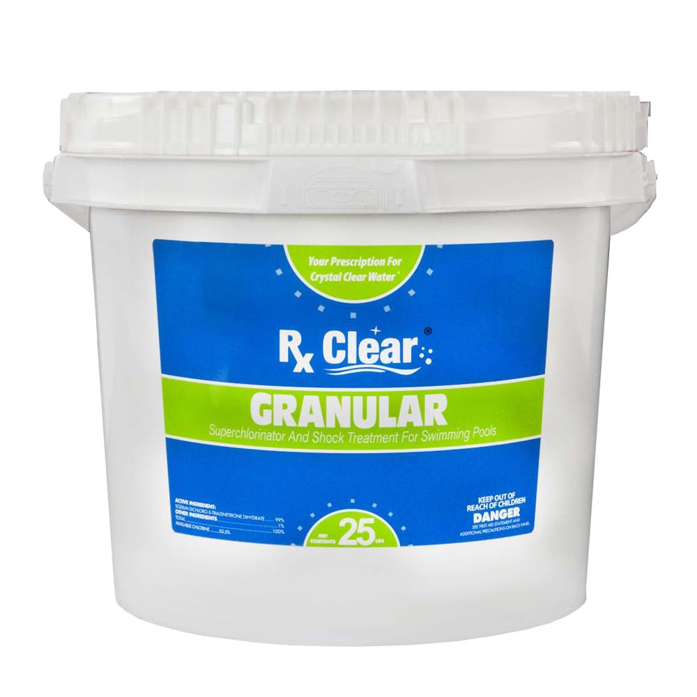 Rx Clear Stabilized Granular Chlorine 25 lb Bucket | Fast-Dissolving Pool & Spa Shock Treatment | Kills Bacteria, Algae & Viruses | UV-Protected Swimming Pool Sanitizer | Perfect for Weekly Maintenance & Cloudy Water Treatment