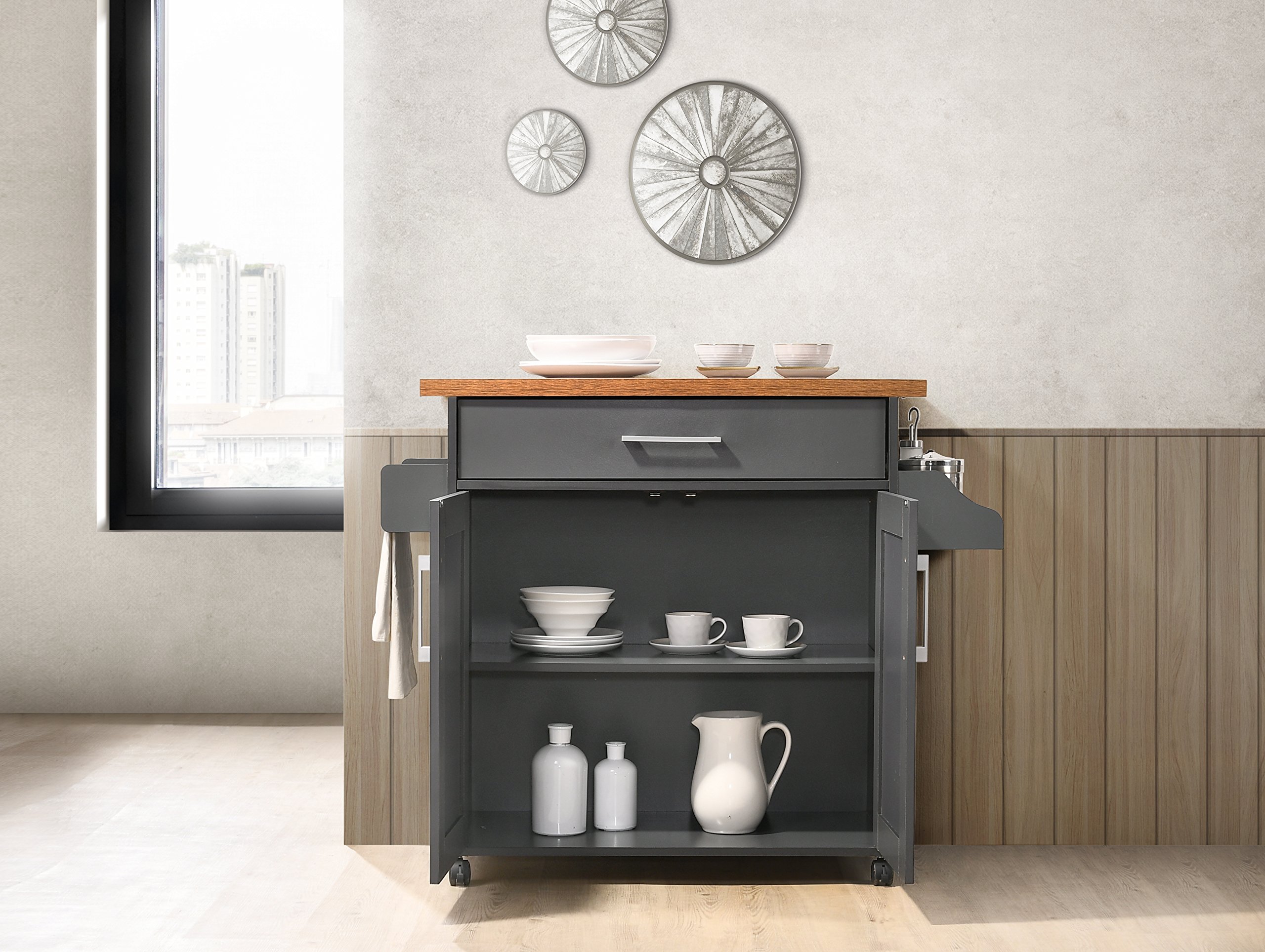 Hodedah Kitchen Island with Spice Rack, Towel Rack & Drawer - Grey Oak Top Counter Cart for Small Spaces, Organize Cooking Utensils & Spices - Perfect for Apartments, Condos & Home Kitchens