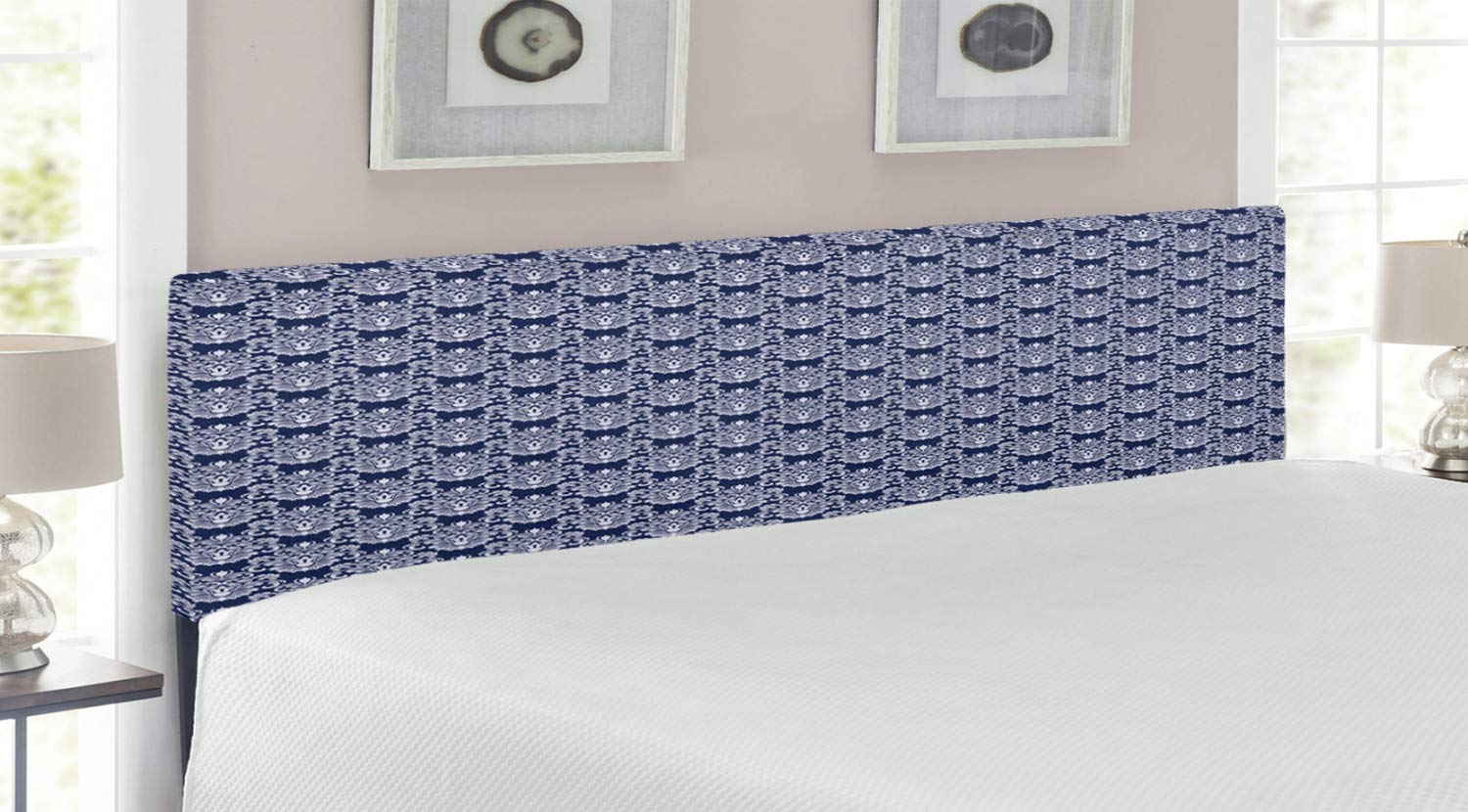 **Ambesonne Navy Blue Upholstered Headboard King Size - Abstract Floral Damask Victorian Design with Memory Foam - Dark Blue & White Decorative Metal Bed Frame - Perfect for Master Bedroom, Guest Room & Luxury Home Decor**