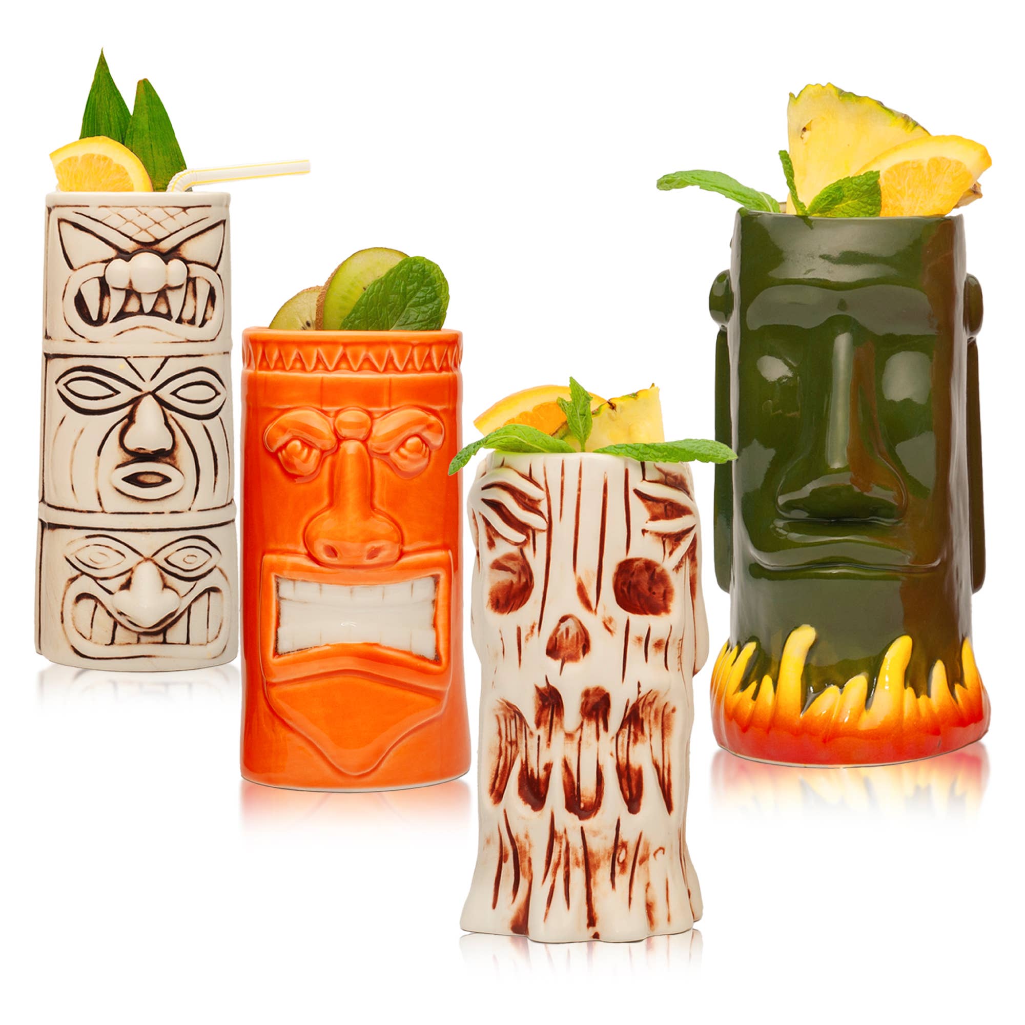 Hand Carved & Painted Tiki Mugs Set of 8 - Authentic Polynesian Style Ceramic Cups for Tropical Cocktails, Party Decor & Home Bar Collection