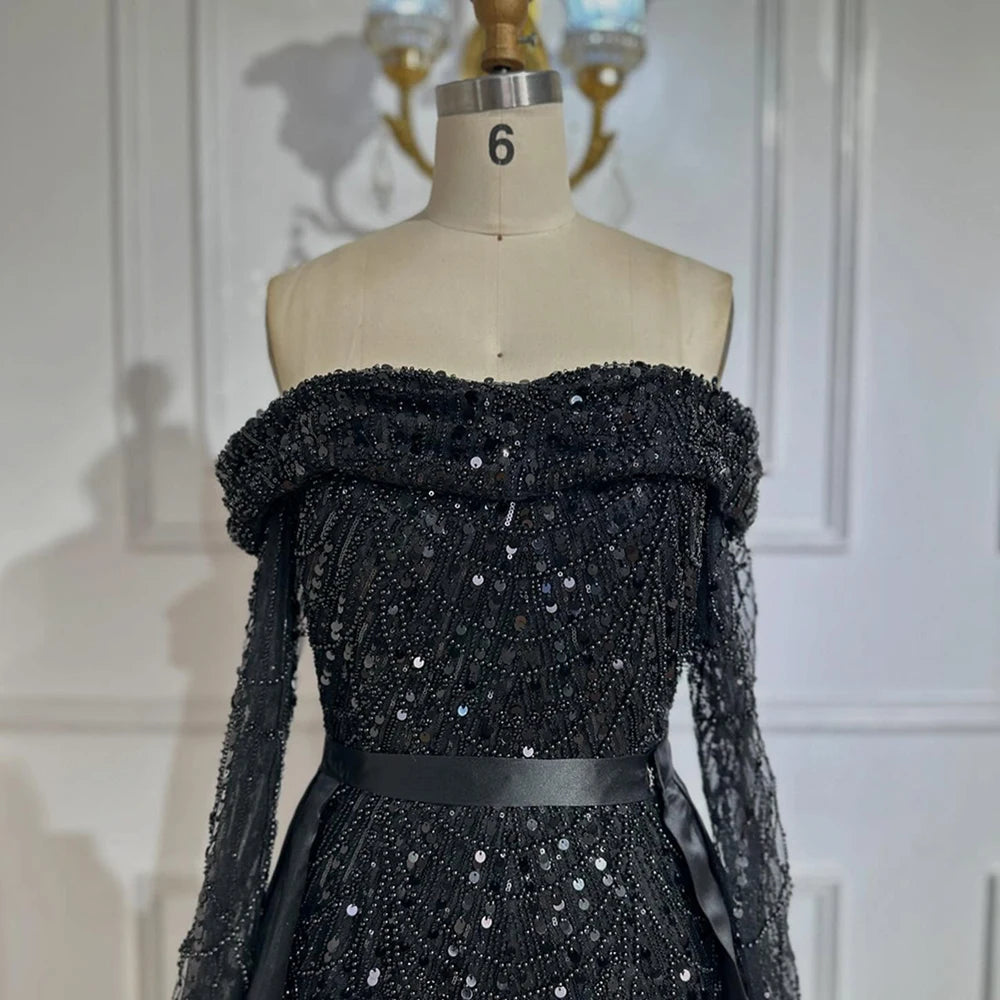 Luxury Black Off Shoulder Beaded Corset Evening Gown with Detachable Satin Overskirt - Dubai Inspired Formal Dress LA72254B for Prom, Wedding & Red Carpet Events