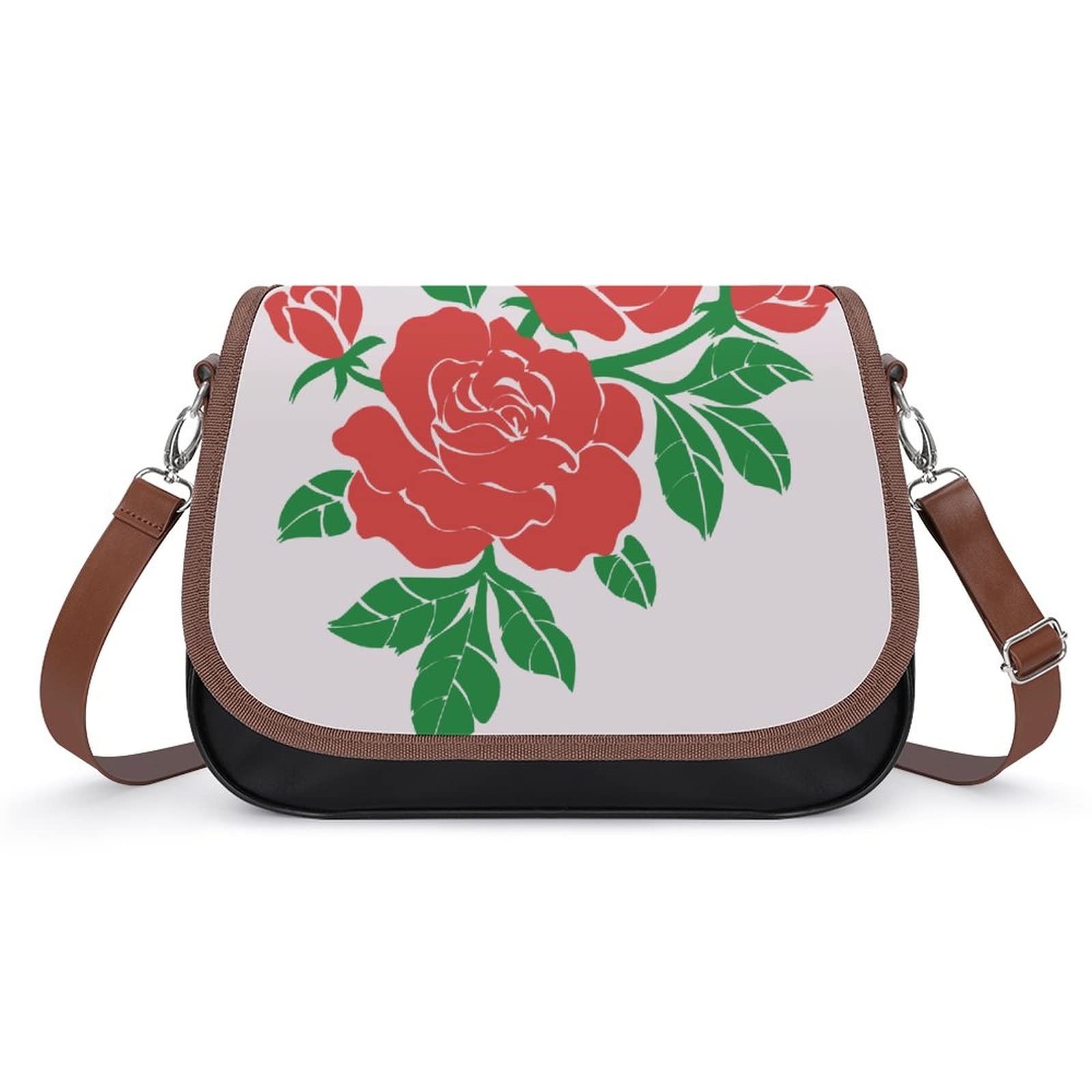 Stylish Printed Leather Crossbody Bag for Women - Medium Hobo Shoulder Bag with Top Handle, Floral Rose & Green Leaf Design - Perfect for Work, Travel & Everyday Use