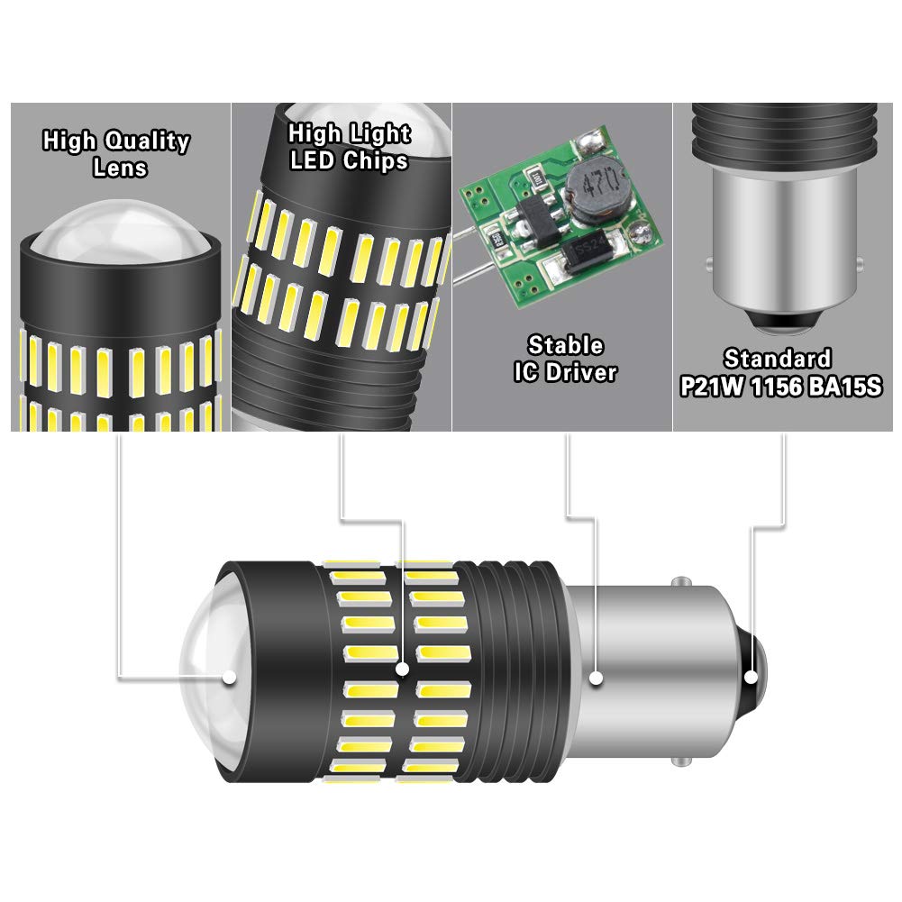 1156 BA15S 7506 1095 1141 LED Bulbs - 2400LM Super Bright 48-SMD 4014 LED Chipsets with Projector Lens - Xenon White Backup Lights for Reverse, Tail, Brake, RV Lights (Pack of 2) - Perfect for Trucks, SUVs, Trailers & Marine Vehicles