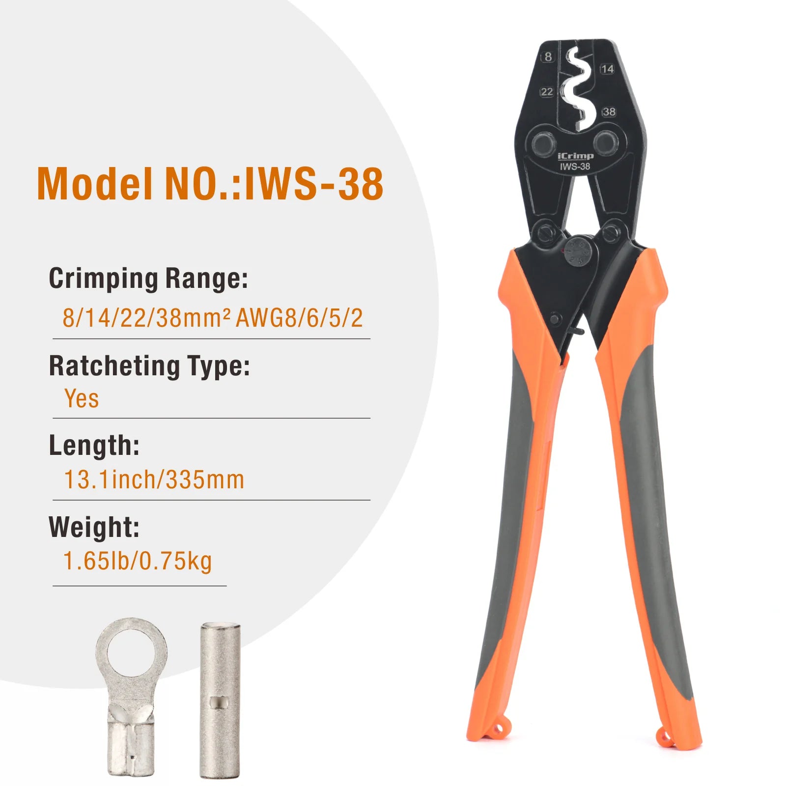 IWS 8 Non-Insulated Terminal Crimping Tool for AWG 16-8 Copper Butt Connectors - Professional Wire Splice & Electrical Connection Tool for Automotive, Marine & DIY Projects