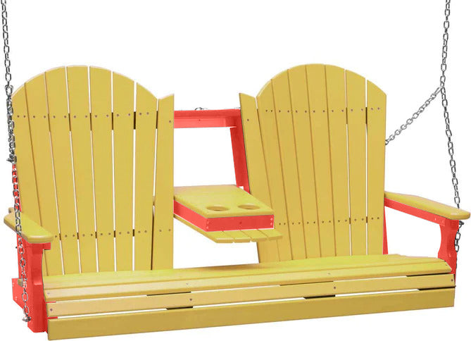LuxCraft 5ft Yellow Adirondack Porch Swing - Recycled Plastic Outdoor Furniture with Cup Holder | Perfect for Patio, Garden, Backyard Relaxation