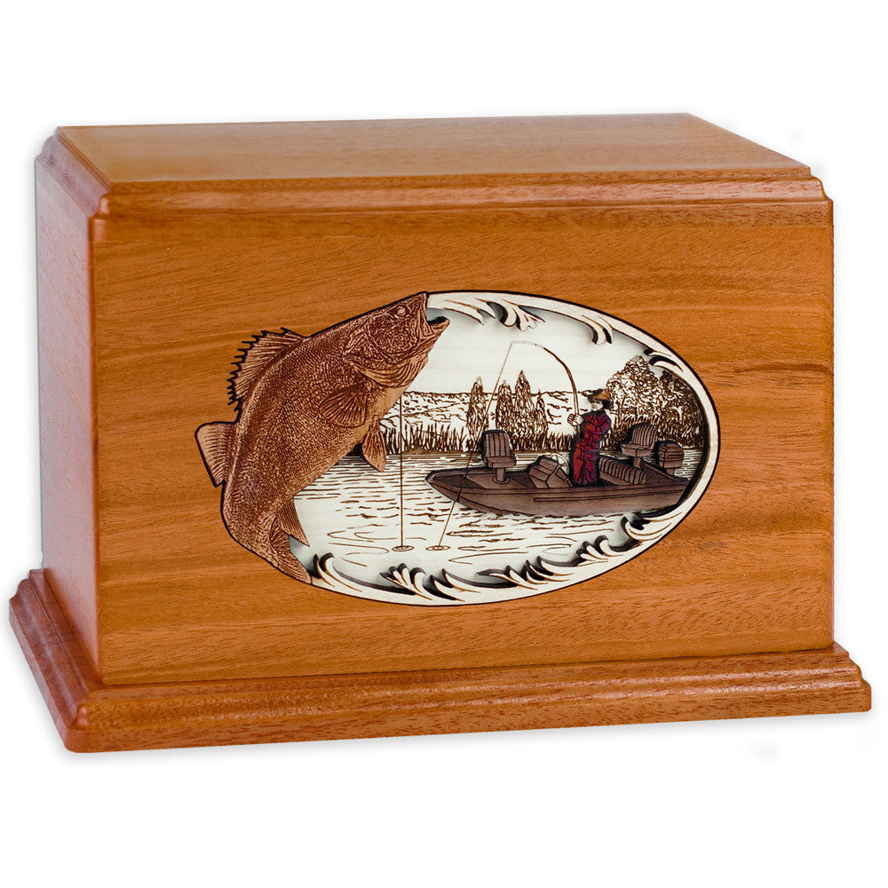 Handcrafted Walleye Boat Fishing 3D Wood Inlay Companion Cremation Urn - Memorial Keepsake for Ashes, Perfect for Home Display or Memorial Services