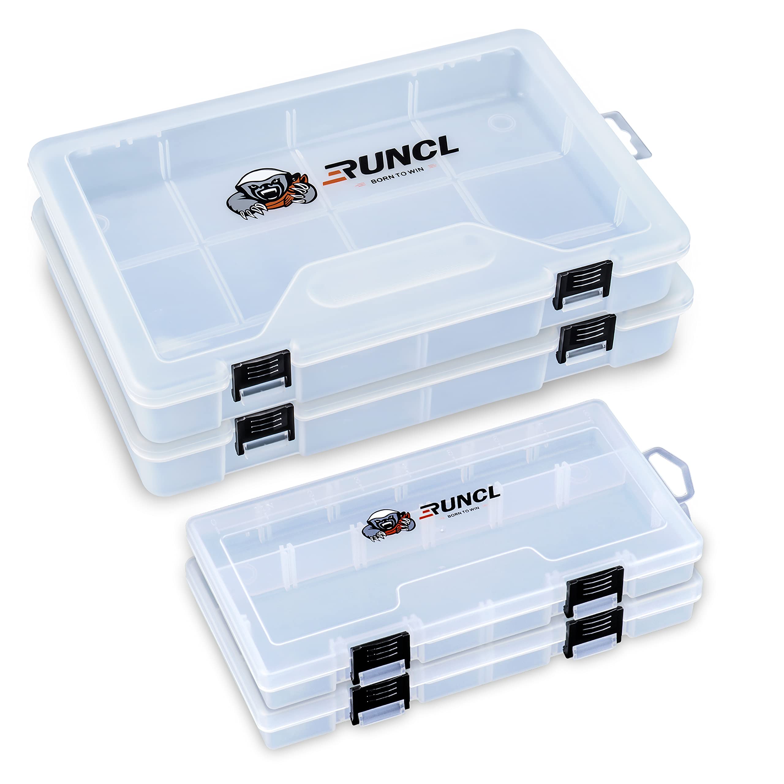 RUNCL Fishing Tackle Box Organizer - 3500/3600/3700 Size Plastic Storage Box with Removable Dividers, Clear Tackle Trays for Lures & Baits - Perfect Fishing Gear Combo Set for Bass, Trout & Saltwater Fishing Trips
