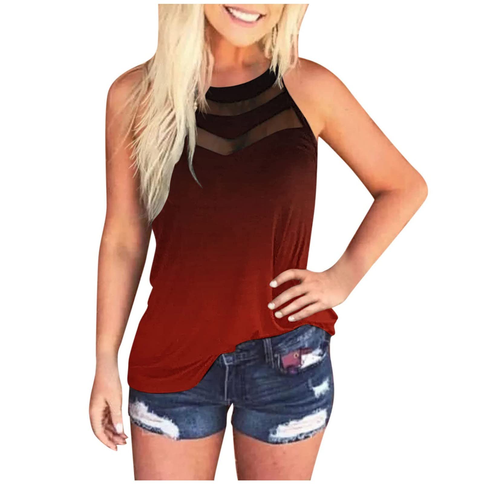 Women's Lightweight Sleeveless Round Neck Dress Tops - Hawaiian Party Shirts in Red, Size L | Perfect for Beach Vacations, Summer Outings & Tropical Themed Events