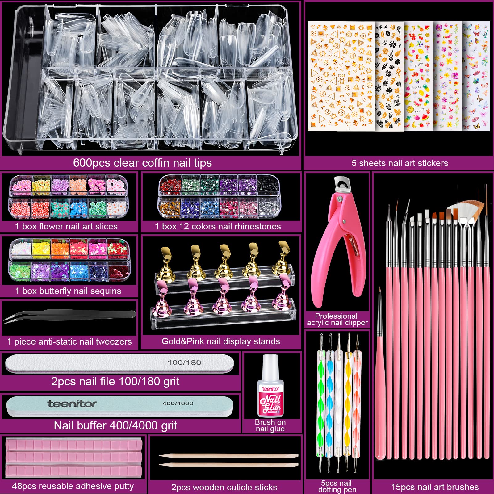 Teenitor Acrylic Fake Nails Kit - 24pcs Press On Nails with Nail Glue, Nail Tips, Nail Art Brushes, Rhinestones & Glitter for DIY Manicure | Perfect for Parties, Weddings, Salon & Home Use