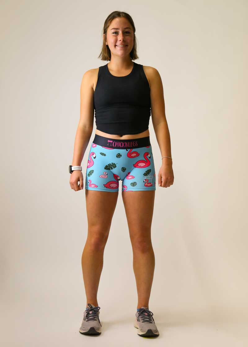 Women's High-Waisted Blue Flamingo Print 3-Pack Compression Shorts - Workout, Running & Yoga Activewear for Women