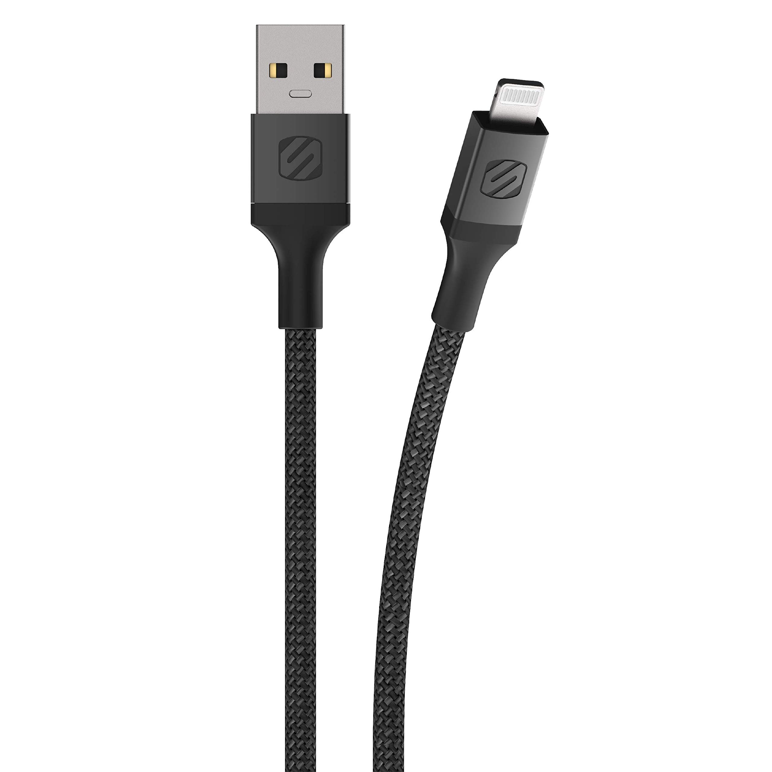 Scosche i3B1SG-SP MFi Certified Strikeline Sync Braided Lightning Cable - 1ft Fast Charging Cord for iPhone 14/13/12/11/X/8/7 & iPad - Durable Nylon-Braided Black Cable for Home, Office & Travel