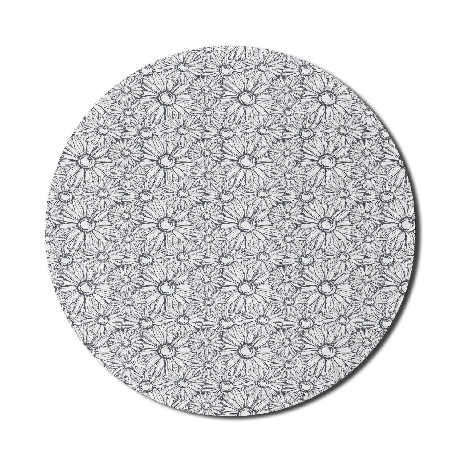 Ambesonne Floral Computer Mouse Pad - Non-Slip Round Gaming Mousepad with Chamomile Sketch Design, 8 Inch Thick Rubber Base in Dark Blue Grey White - Perfect for Office, Home & Gaming Setup