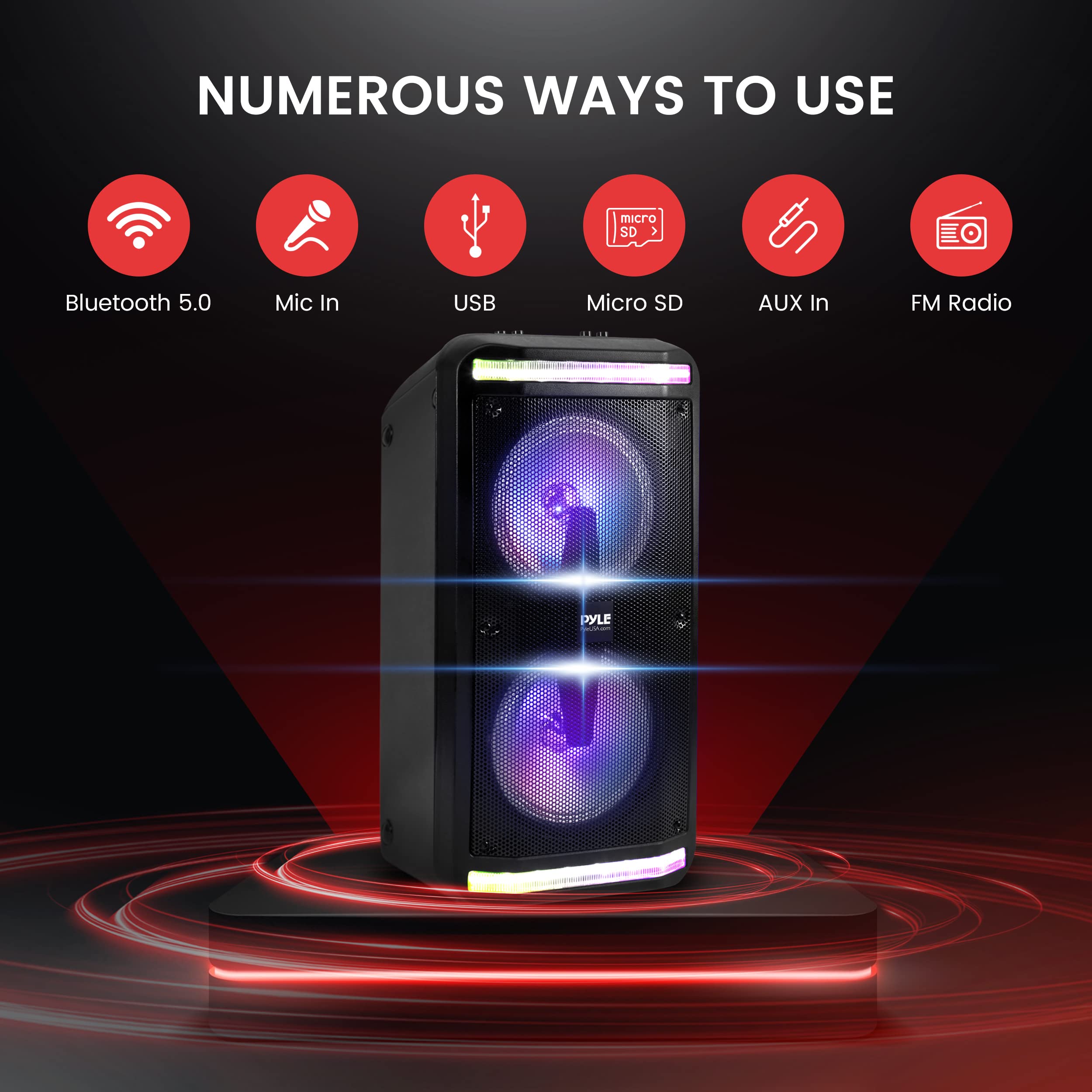 Pyle PPHP288B 600W Portable Bluetooth PA Speaker System - Rechargeable Indoor/Outdoor Wireless Speaker with Microphone Input, Party Lights, AUX, FM Radio & Remote Control - Perfect for Parties, Events & Outdoor Gatherings
