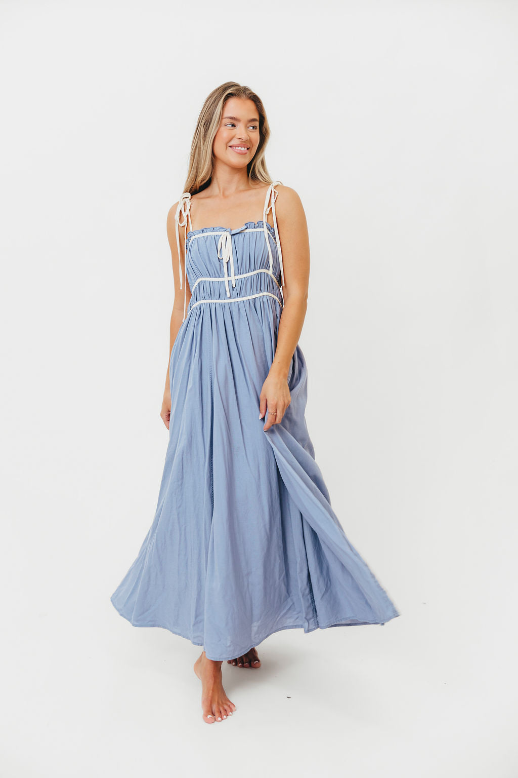 Hilsy Women's Cotton Blend Contrast Trim Maxi Dress - Elemental Blue | Flowy Long Dress for Summer, Beach, Vacation & Casual Wear