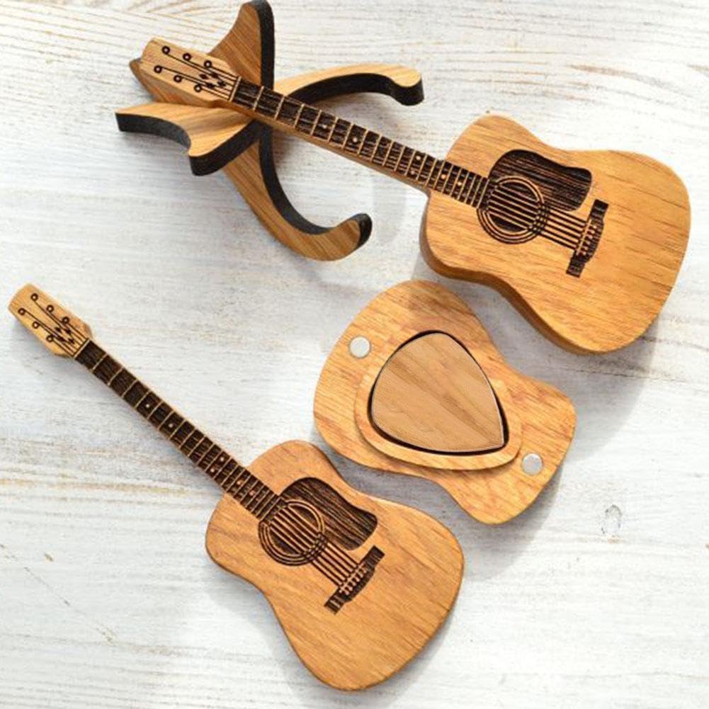 Premium Wooden Guitar Pick Box with Stand - 3 Unique Guitar Picks Included - Engraved Plectrum Holder Case for Acoustic, Electric, Bass & Ukulele - Perfect Gift for Musicians & Music Lovers - Ideal for Home, Studio & Travel Use