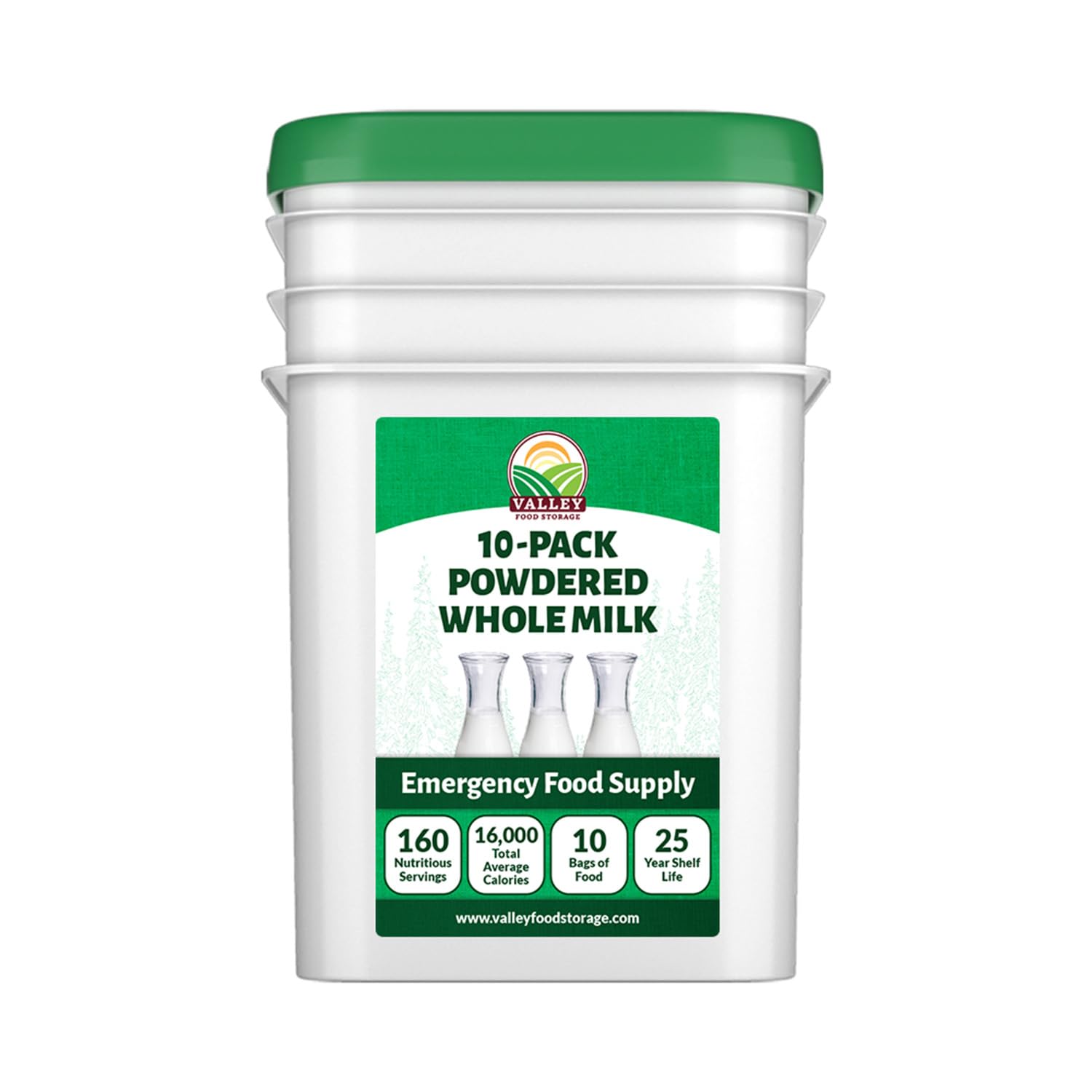 Valley Food Storage Whole Milk Powder with Vitamin A & D | 25 Year Shelf Life Powdered Milk for Long Term Storage | Ideal for Camping, Backpacking, Emergency Preparedness & Survival Food Supplies (10 Bags + Bucket) | Perfect for Outdoor Adventures, Disaster Kits and Everyday Pantry Stock
