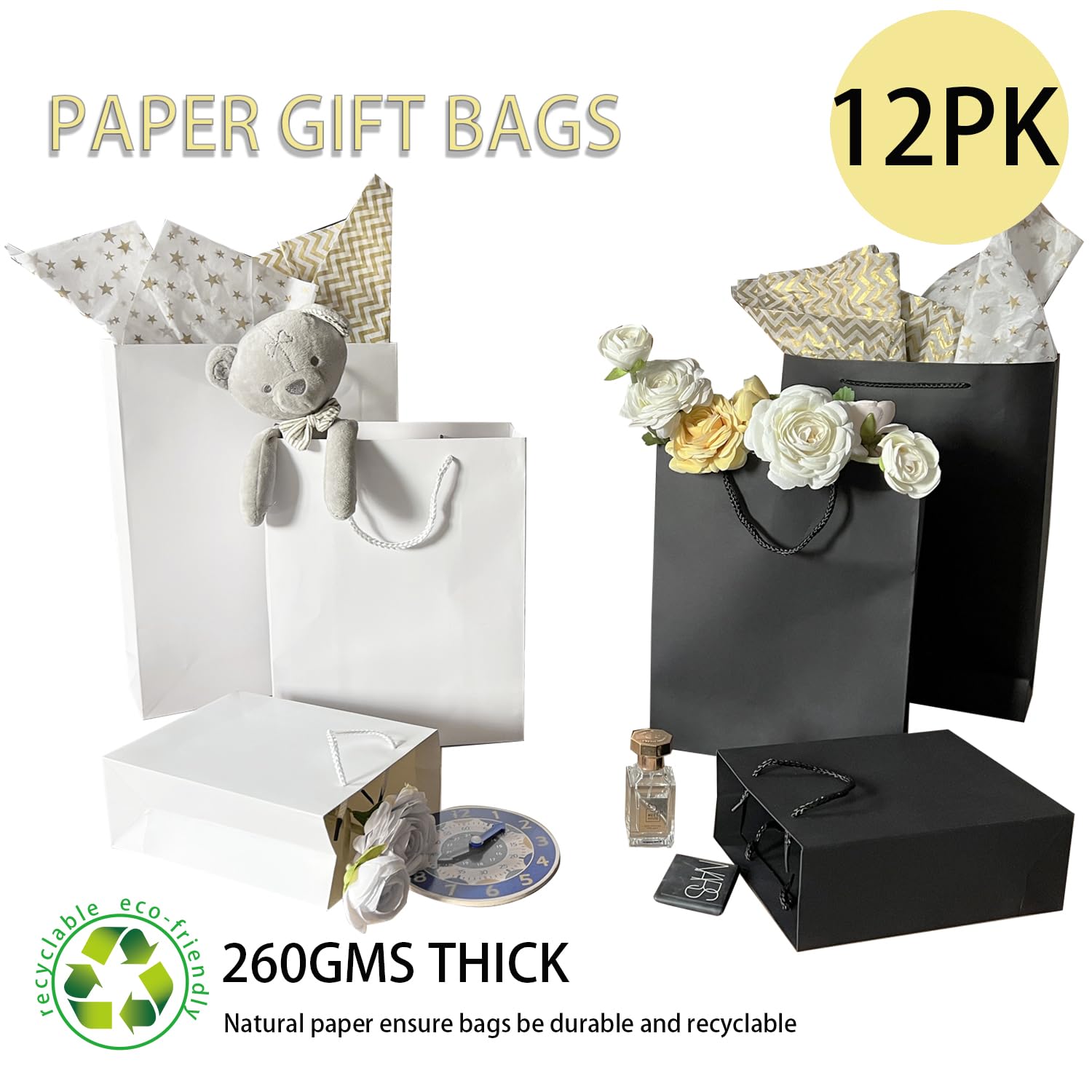 AMROSE 12 Pack Assorted Gift Bags Set with Tissue Paper - Small, Medium & Large Recyclable Paper Gift Bags for Birthdays, Parties, Mother's Day, Weddings | Perfect for Gift Wrapping, Party Favors, Holiday Presents & Special Occasions