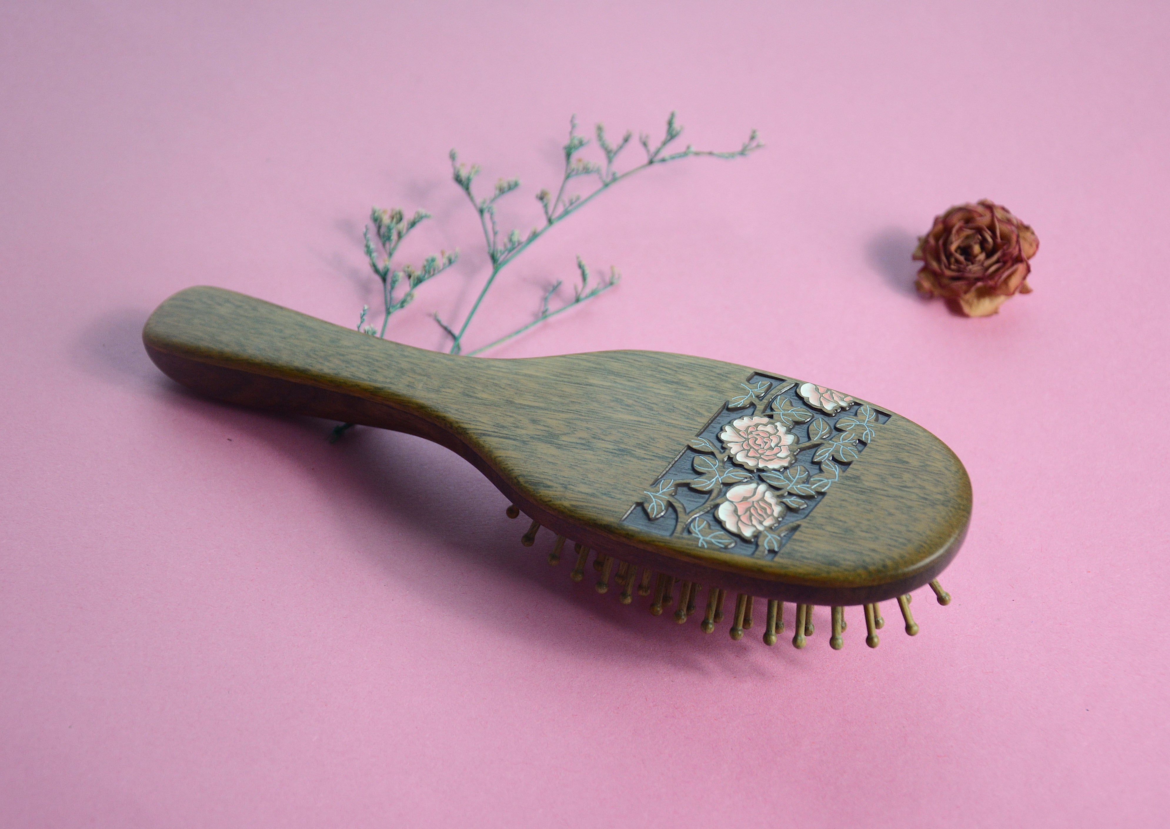 3D Rose Flower Wooden Hair Brush - Natural Wood Bristle Hairbrush for Detangling & Shine - Perfect for Home, Salon & Travel Use