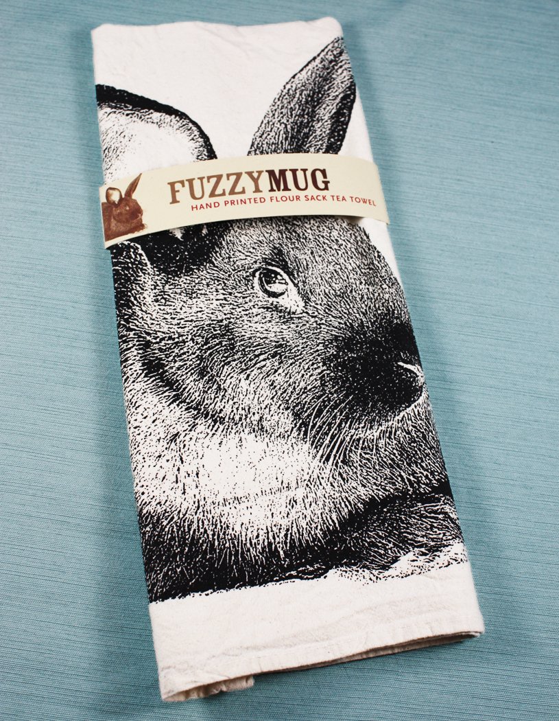 Black Bunny Rabbit Tea Towel - Hand Printed Flour Sack Kitchen Towel for Drying Dishes, Decor & Gift Giving