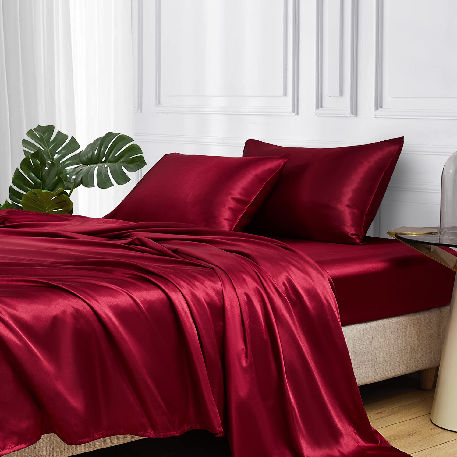 Luxury Satin King Size Bed Sheets Set - 4 Piece Silky Soft Bedding with 15