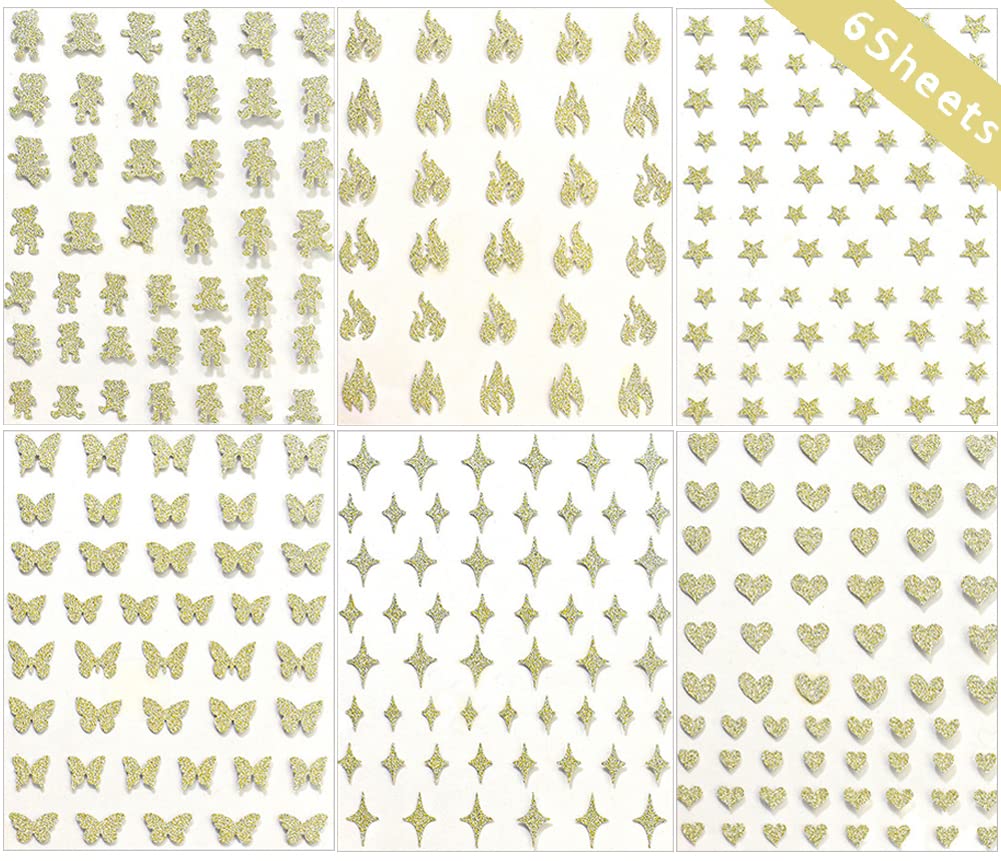 6 Sheets Gold Nail Art Stickers - 3D Metallic Self-Adhesive Nail Decals with Heart, Butterfly, Flame & Star Designs - Glitter Nail Art Supplies for Acrylic Nails - DIY Nail Decorations for Women & Girls - Perfect for Parties, Weddings, and Special Occasions