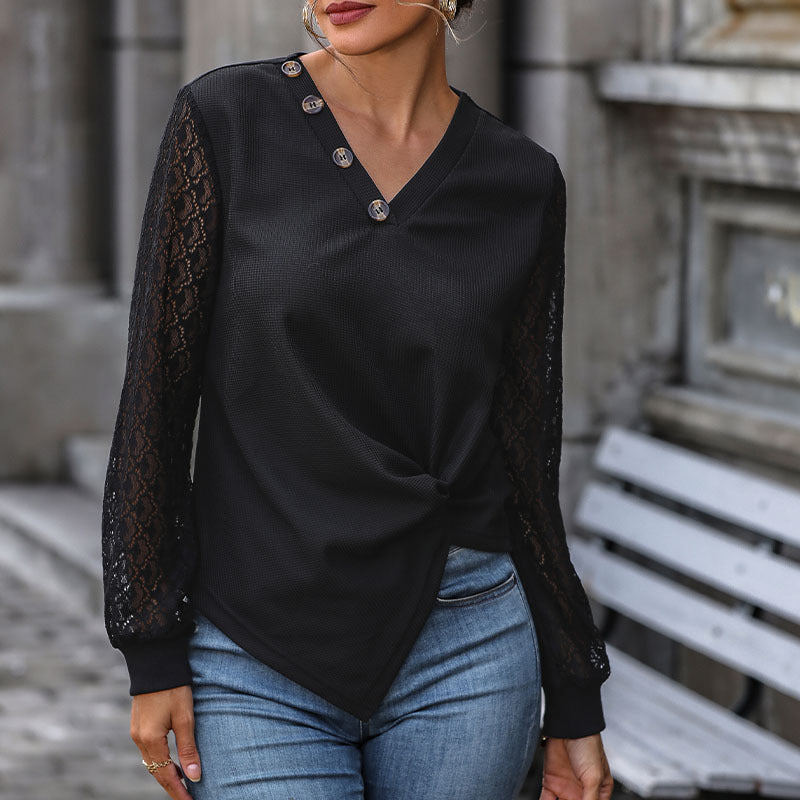 LOVEVOP 2025 Women's Fashion V-Neck Knit Top with Button Detail & Lace Splicing Long Sleeve Blouse - Perfect for Autumn Outfits, Office Wear & Casual Dates