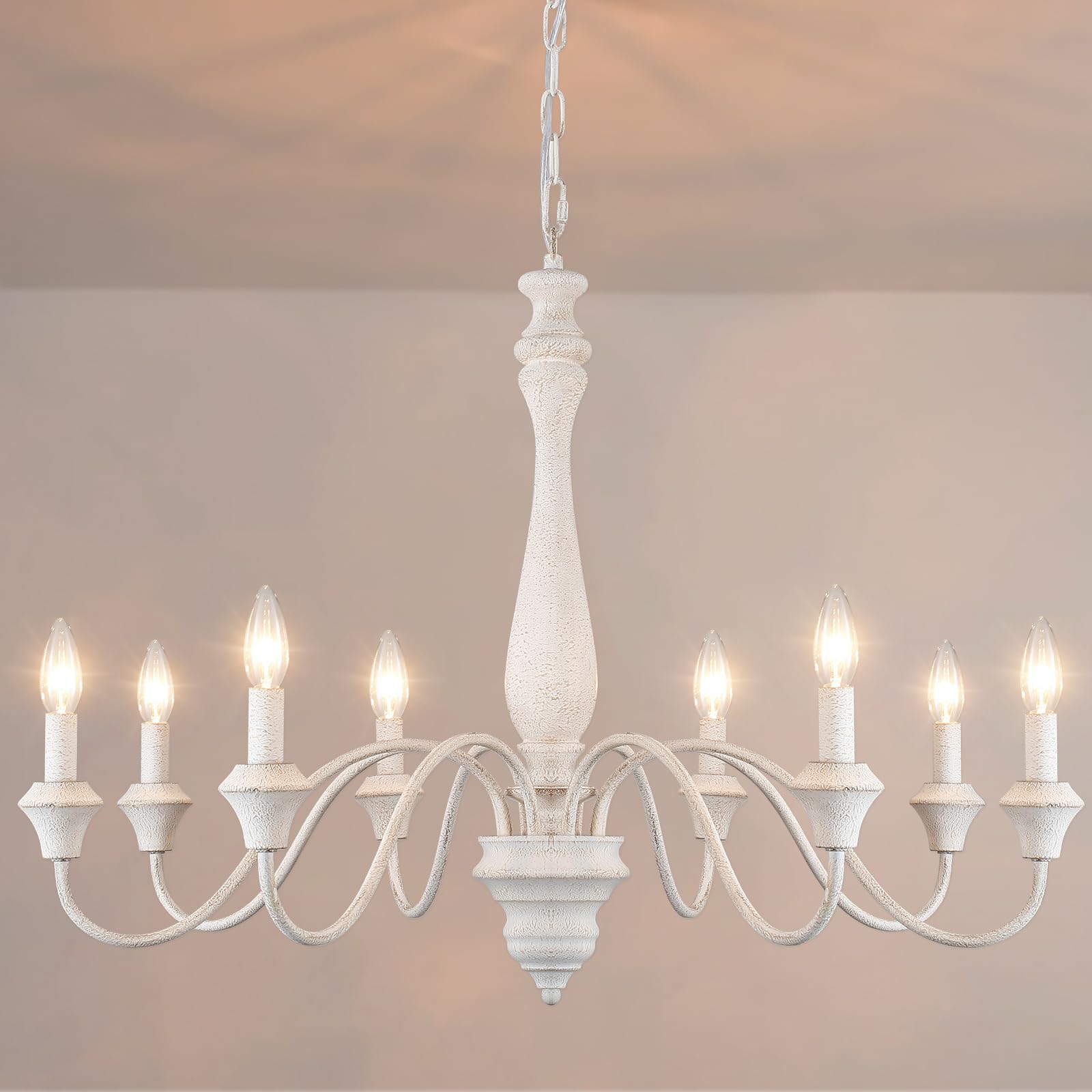 French Country Chandelier - 8-Light Farmhouse Chandelier for Dining Room, Distressed White Rustic Candle Chandelier for Living Room, Bedroom & Kitchen Island - Perfect for Farmhouse, Cottage & Vintage Home Decor