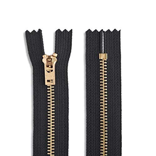 7 Inch Heavy Duty Metal Zipper - Black & Gold Brass Non-Separating Sewing Zipper for DIY Crafts, Leather Projects, Bags & Outdoor Gear