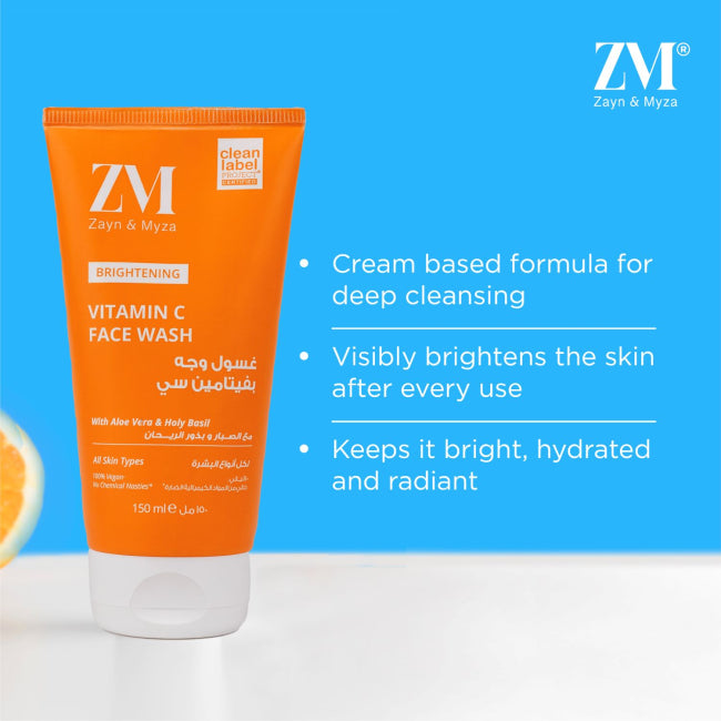 ZM Zayn & Myza Vitamin C Brightening Facial Cleanser 150ml - Gentle Exfoliating Face Wash for Glowing Skin, Acne & Dark Spot Treatment, Daily Skincare Routine