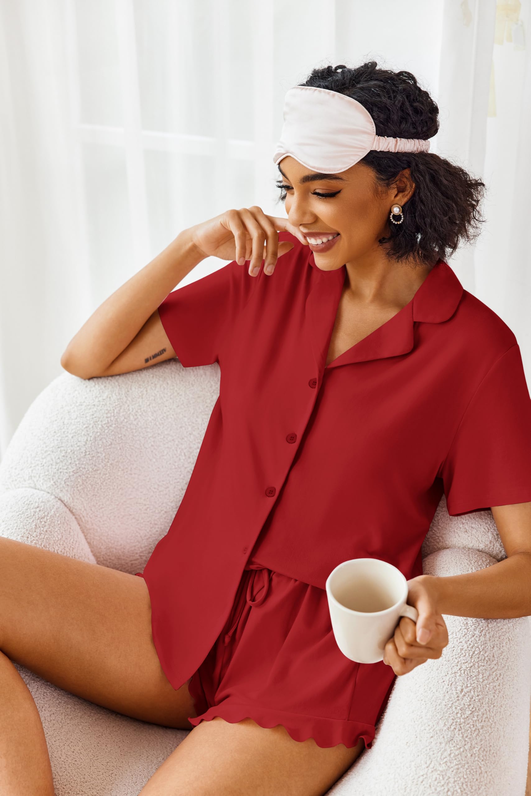 Ekouaer Women's Short Sleeve Pajama Set - Soft Button Down Sleepwear & Lounge Pjs for Nightwear | Perfect for Relaxing at Home, Sleepovers, and Cozy Evenings