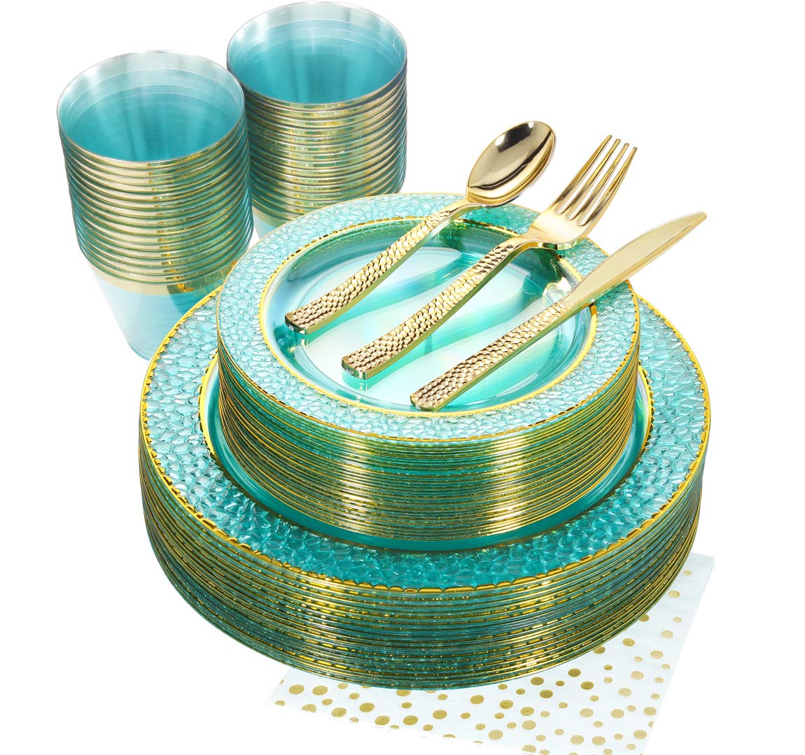 175-Piece Clear Green Plastic Dinnerware Set - 25 Gold Plates, Forks, Knives, Spoons, Cups & Napkins for Wedding, Party & Christmas Celebrations | Elegant Disposable Tableware for Events, Catering & Holiday Gatherings