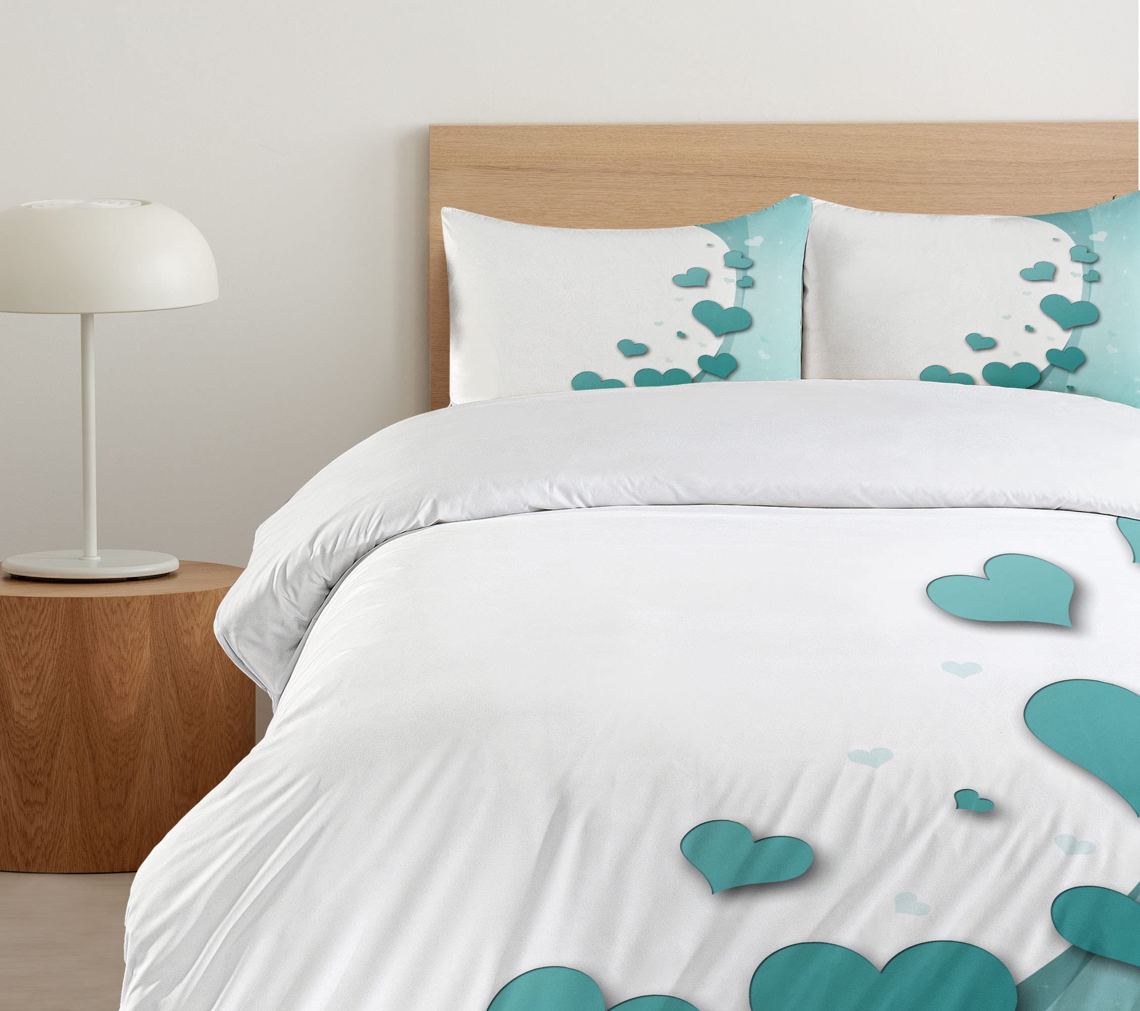 Ambesonne Turquoise Duvet Cover Set - King Size 3-Piece Bedding with 2 Pillow Shams | Valentine's Day Romantic Heart & Star Design for Wedding & Couples | Soft Teal, White & Turquoise Decorative Bedroom Set - Perfect for Master Bedrooms, Guest Rooms & Anniversary Gifts
