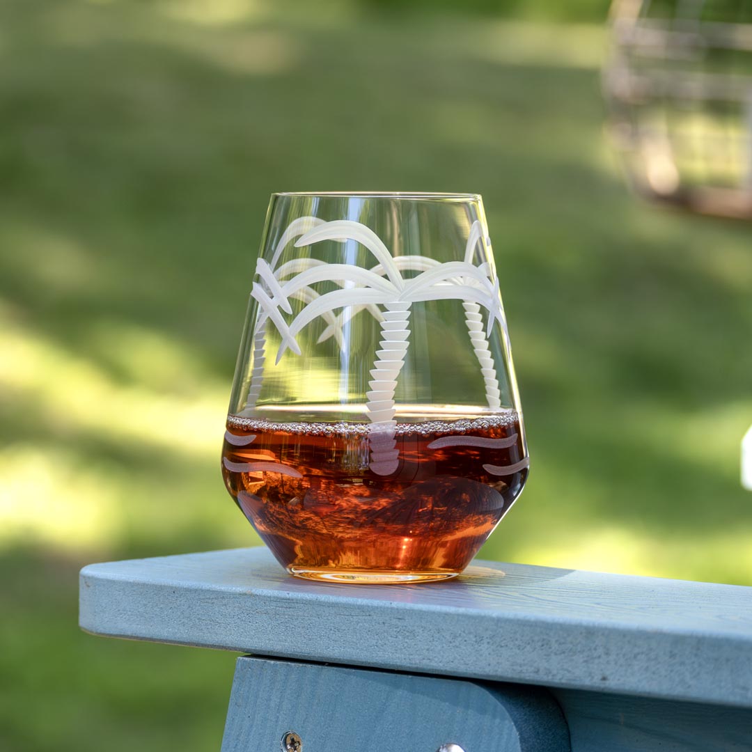18oz Stemless Wine Tumbler Glass with Palm Tree Design - Set of 12 | Perfect for Beach Parties, Poolside Drinks & Summer Entertaining