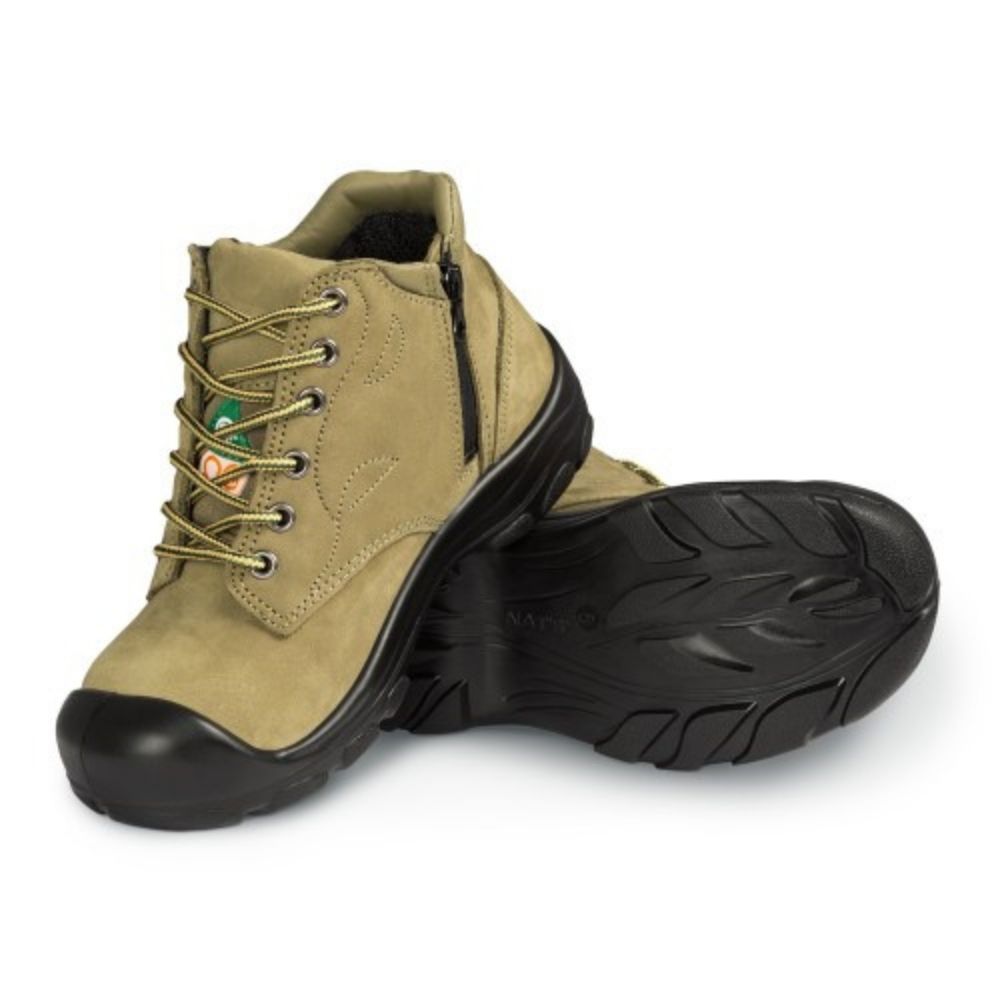 P&F S556 Women's Steel Toe Side Zip Leather Work Boots - 6 Inch Height, Comfortable & Durable Safety Shoes for Construction, Warehouse & Outdoor Work (Khaki)