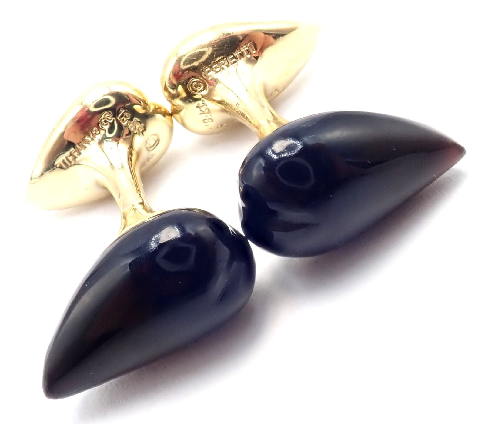 Authentic Tiffany & Co Peretti 18k Yellow Gold Black Onyx Teardrop Cufflinks for Men - Luxury Formal Wear Accessories for Weddings & Business Events
