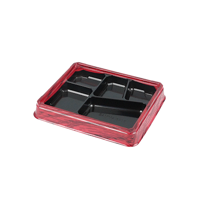 Bento Tek 18 oz Rectangle Red and Black Plastic Bento Box with 5 Compartments - 9.25