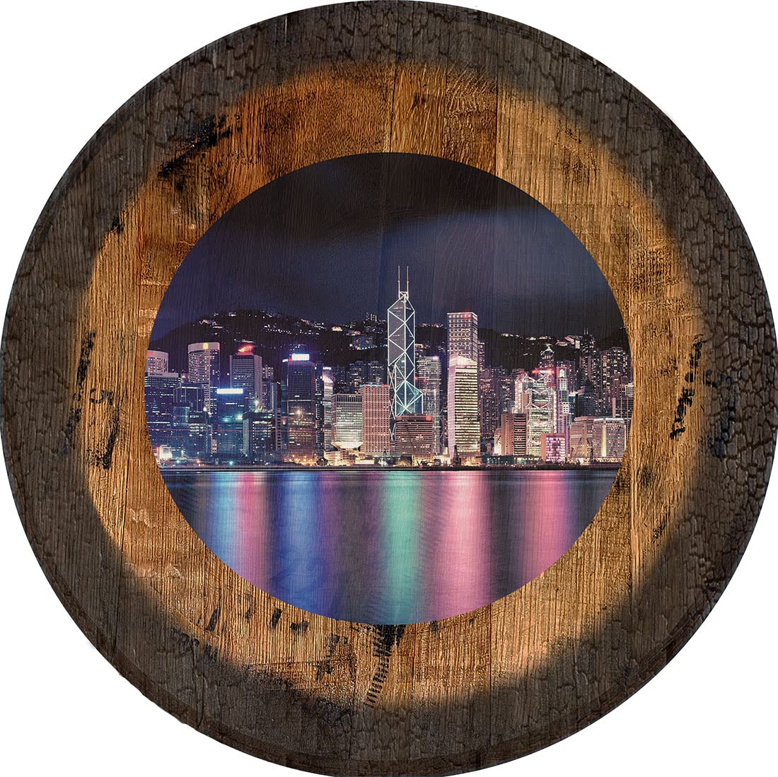 PS Prints Big City Lights Pub Sign - Large Oak Whiskey Barrel Lid Wall Decor for Home Bar, Man Cave, or Tavern - Rustic Vintage Wall Art for Living Room & Basement