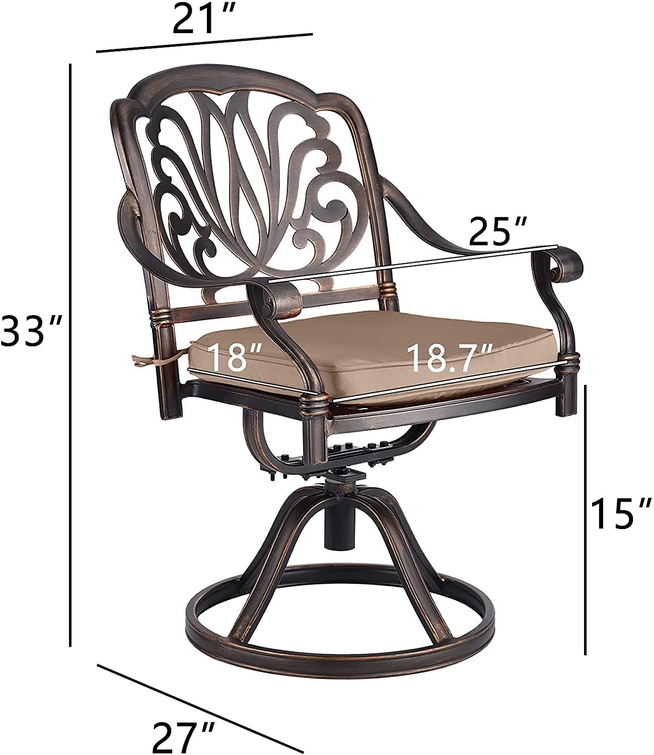 2-Piece Patio Swivel Dining Chairs Set with Cushions - Weather-Resistant Cast Aluminum Outdoor Chairs for Garden, Deck & Backyard - Antique Bronze Metal Furniture (Perfect for Outdoor Dining, Lounging & Entertaining)