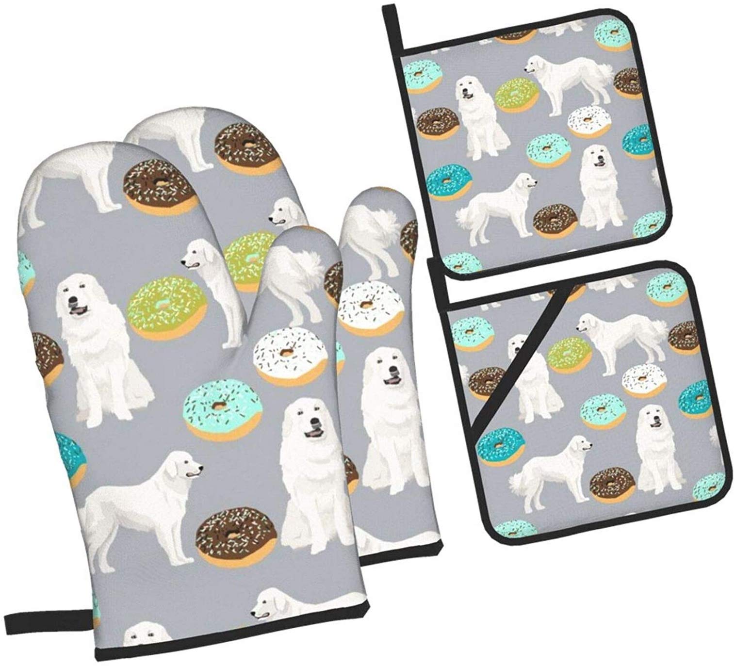 Great Pyrenees Dog Themed 4-Piece Oven Mitts & Pot Holders Set - Heat Resistant Kitchen Gloves with Non-Slip Grip for BBQ, Baking & Cooking - Perfect for Dog Lovers & Home Chefs
