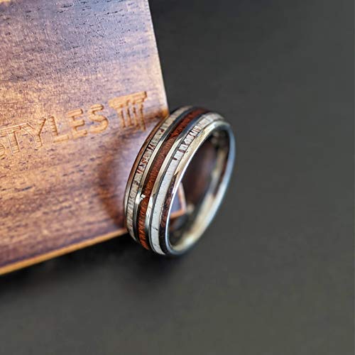 Handmade Hawaiian Koa Wood & Deer Antler Inlay Tungsten Wedding Band for Men - 8mm Polished Silver Comfort Fit Ring - Unique Rustic Hunting Jewelry Gift for Husband, Boyfriend, Groomsmen - Perfect for Outdoor Weddings, Anniversary Gifts & Nature Lovers