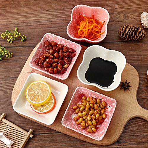 Colias Wing Cuddly Plum Blossom Porcelain Side Dish Bowls - 4-Piece Square & Flower Pattern Set (Pink & White) - Perfect for Soy Sauce, Seasonings, Sushi Dipping, and Asian Dining Tableware