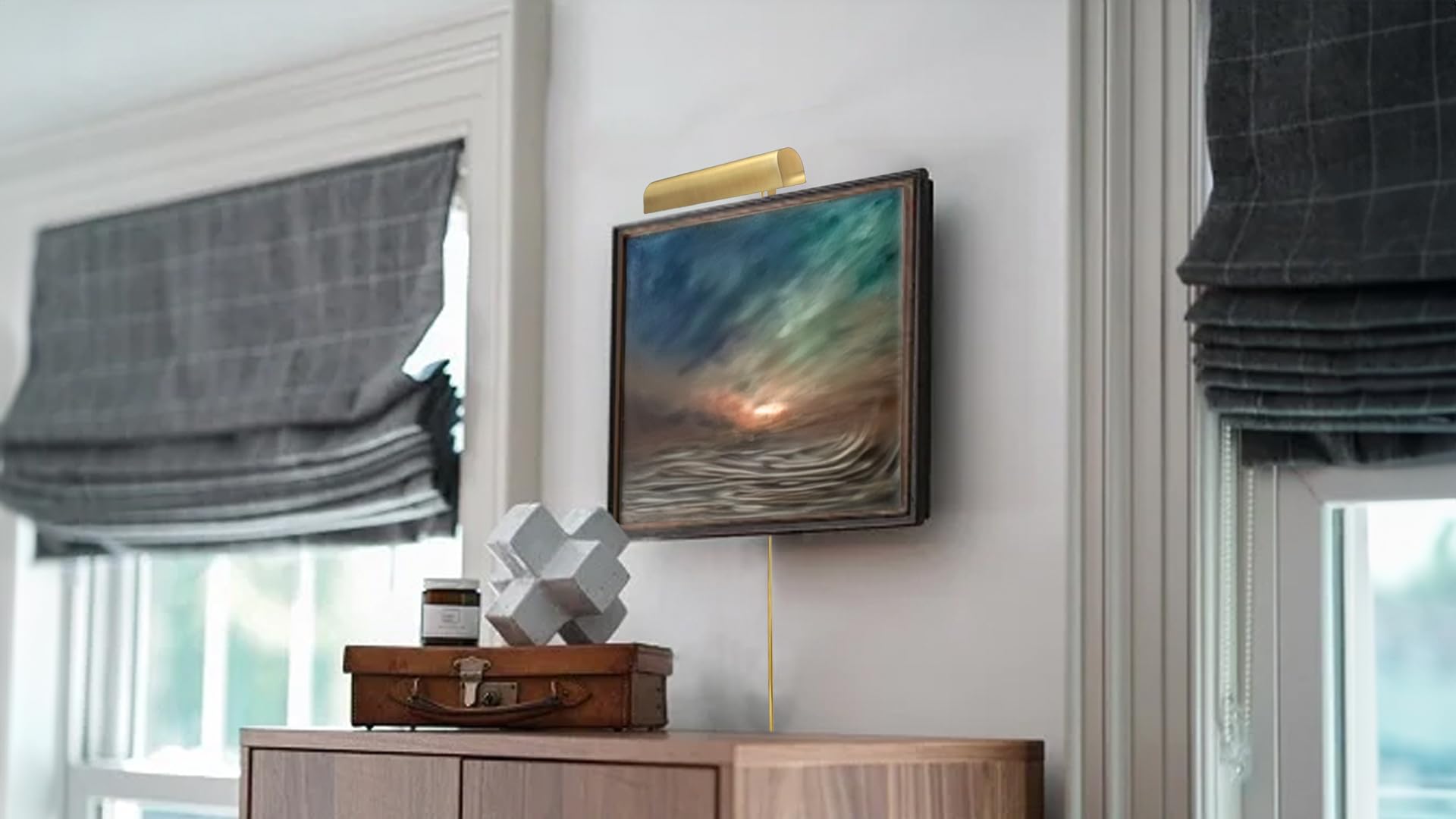Royal Designs Plug-in Picture Light - 12 ft Cord with Hi/Low/Off Switch, Brushed Satin Brass Gallery Lighting for Artwork & Wall Decor (8.75 Inch) - Perfect for Home, Office & Museum Display