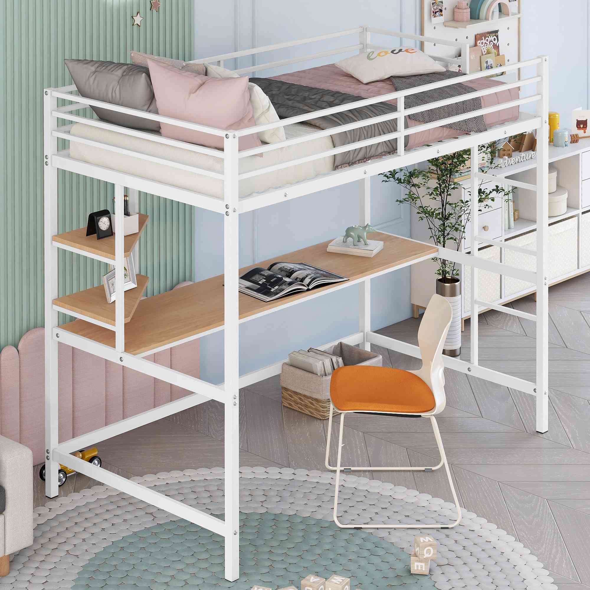 ATY White Metal Twin Size Loft Bed with Desk & Shelves - Space Saving Steel Bed Frame with Ladder for Small Bedroom, Dorm Room - Easy Assembly Study & Sleep Solution for Teens & College Students