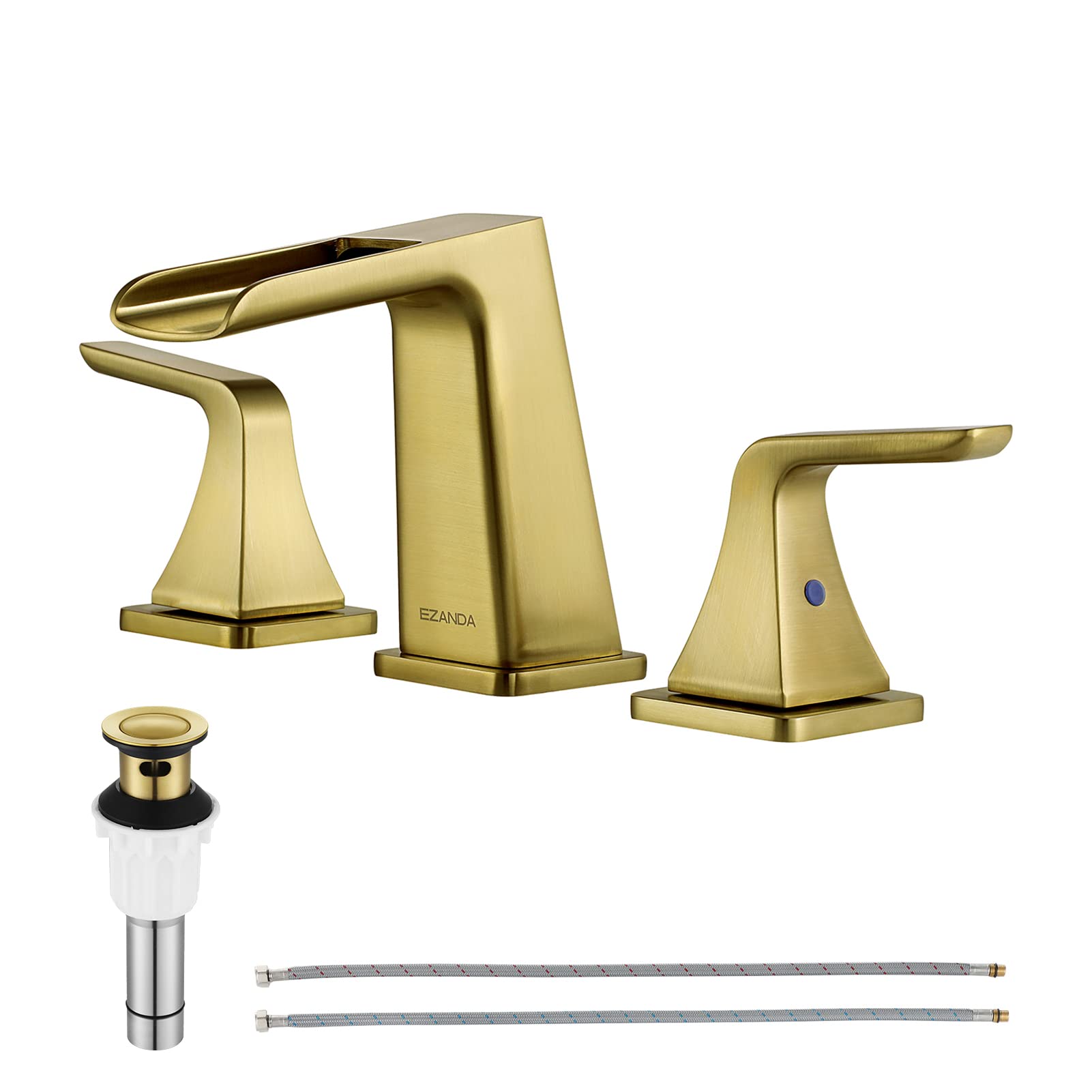 EZANDA Brushed Gold Two-Handle Widespread Bathroom Sink Faucet with Waterfall Spout - Includes Metal Pop-Up Drain & Supply Lines for Easy Installation - Perfect for Modern Vanities & Luxury Home Decor (Model 1432708)