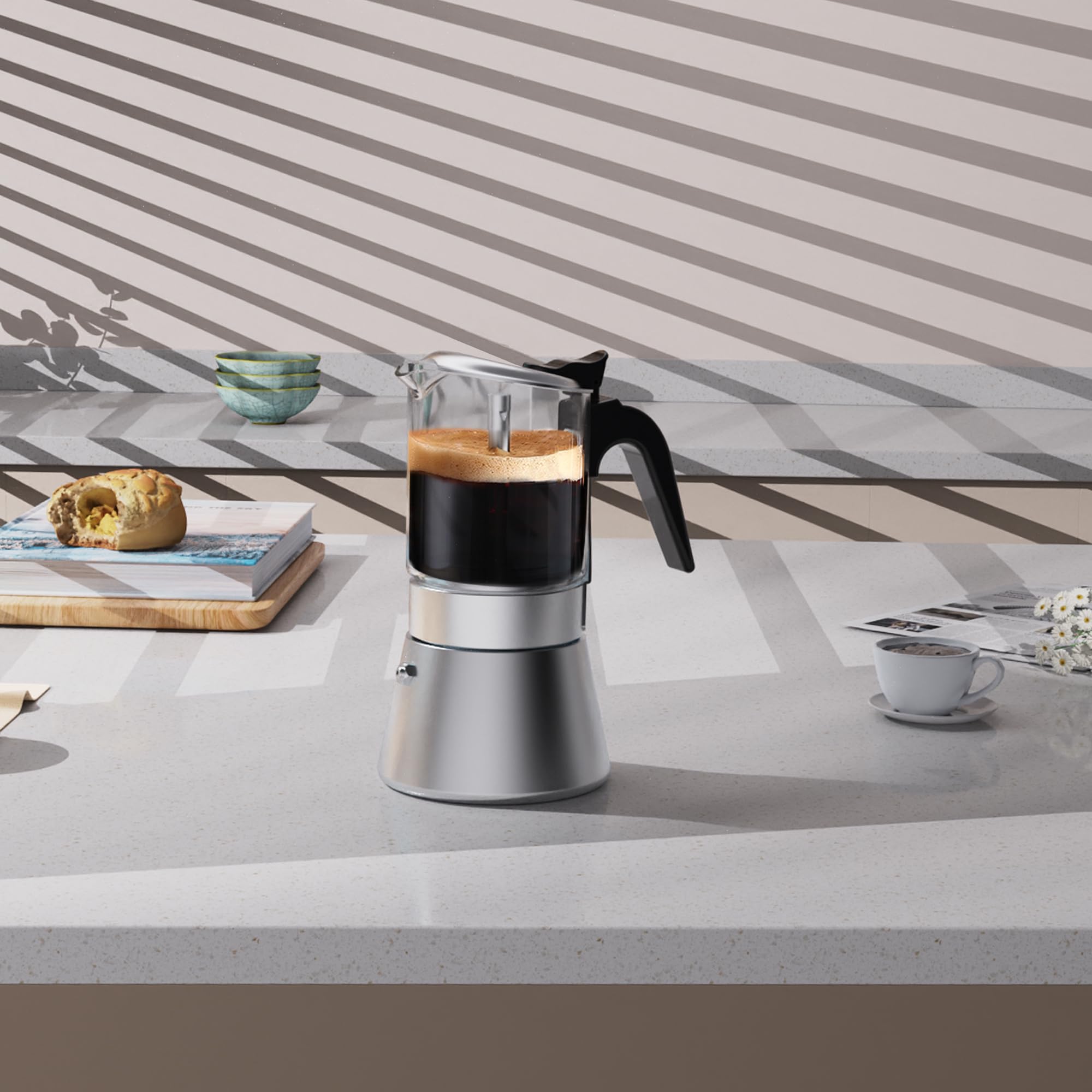 Moka Induction Stovetop Espresso Maker - 240ml (6 Cup) Italian Coffee Pot with Crystal Glass Top & Stainless Steel - Perfect for Home, Office & Camping Coffee Brewing