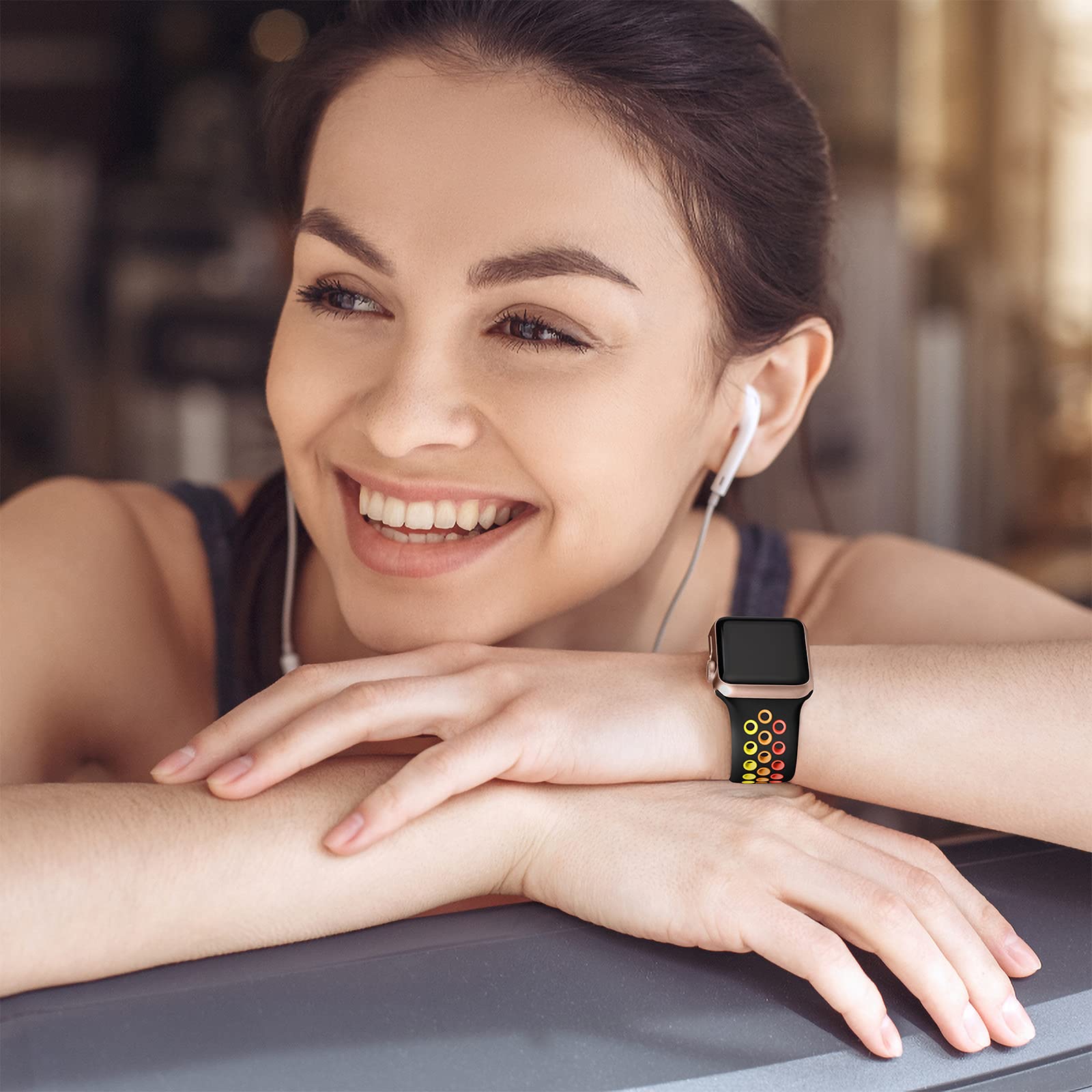 Lerobo Soft Silicone Sport Band Compatible with Apple Watch Series 10/9/8/7/6/5/4/3/2/1 & SE & Ultra 2 (45mm 44mm 46mm 42mm 49mm) - Breathable Lightweight Wrist Strap Replacement for Women & Men - Black/Rainbow (M/L) - Perfect for Running, Workouts & Daily Wear