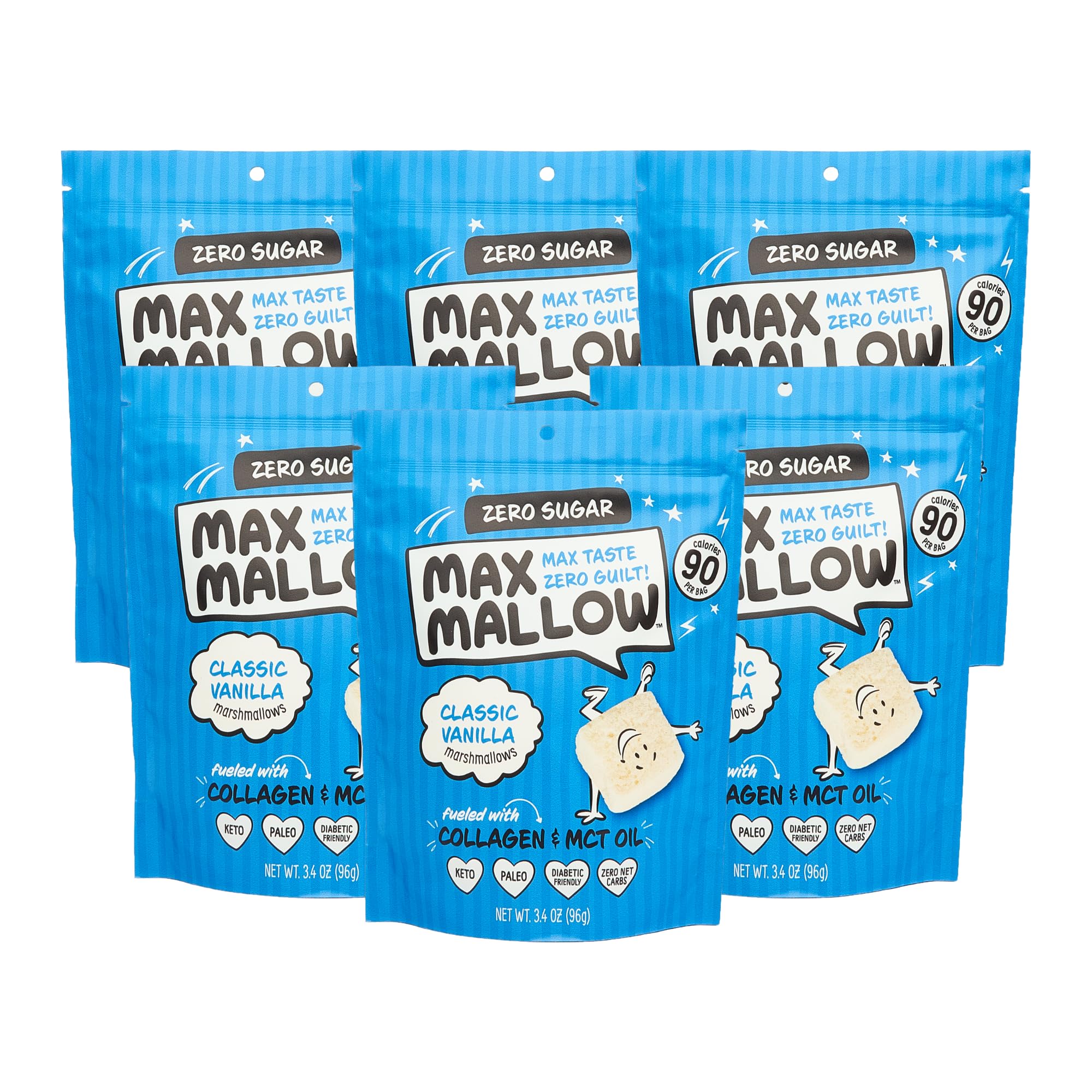 Max Mallow Sugar Free Marshmallows - Keto Friendly, Zero Sugar Snacks for S'mores, Hot Chocolate & Baking | Classic Vanilla Flavor | 6 Pack | Perfect for Camping, Desserts & Low-Carb Diets