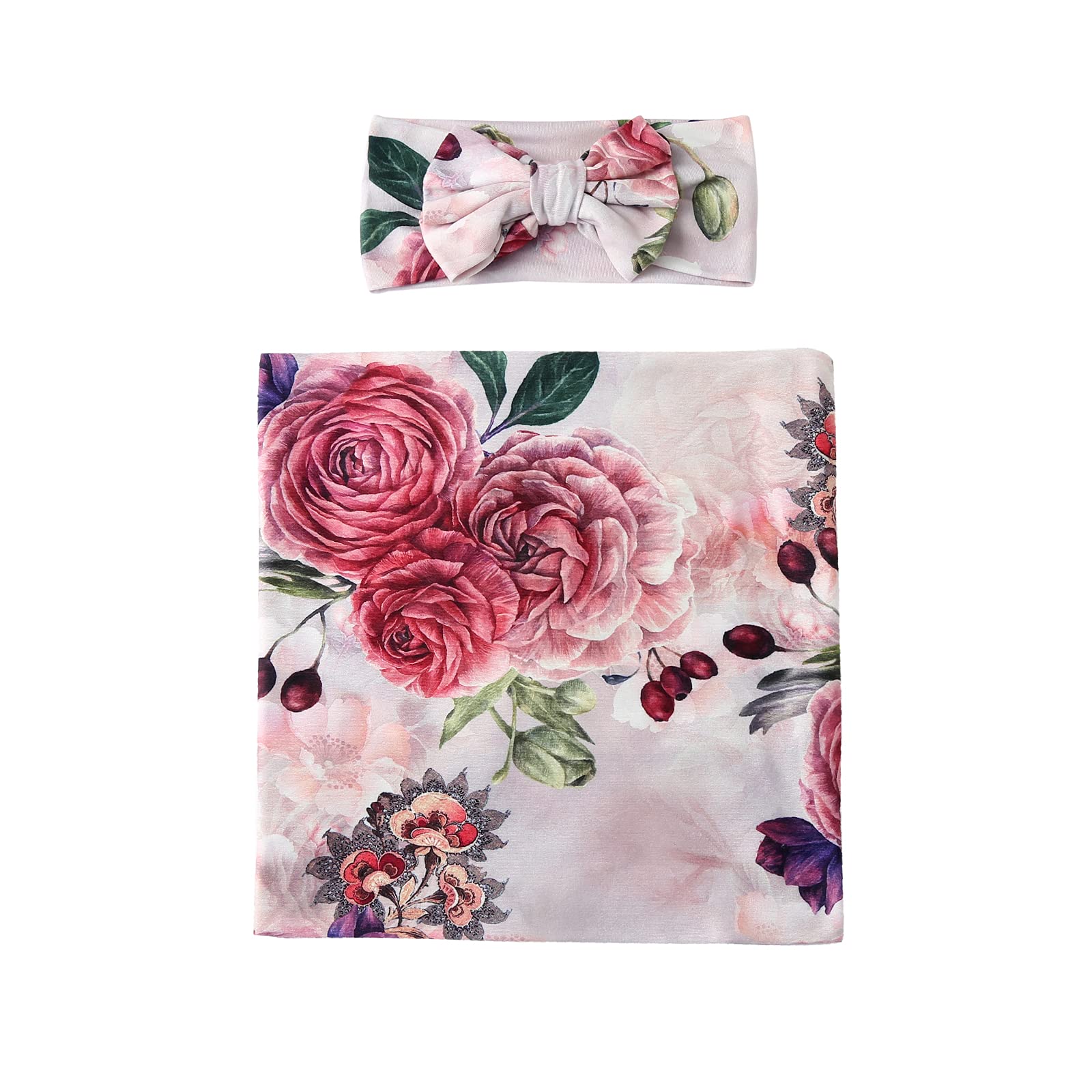 Galabloomer Newborn Baby Receiving Blanket & Headband Set - Soft Swaddle Wrap with Big Flower Bow (Nostalgia Rose) - Perfect for Newborn Photography, Baby Shower Gifts & Hospital Going Home Outfits
